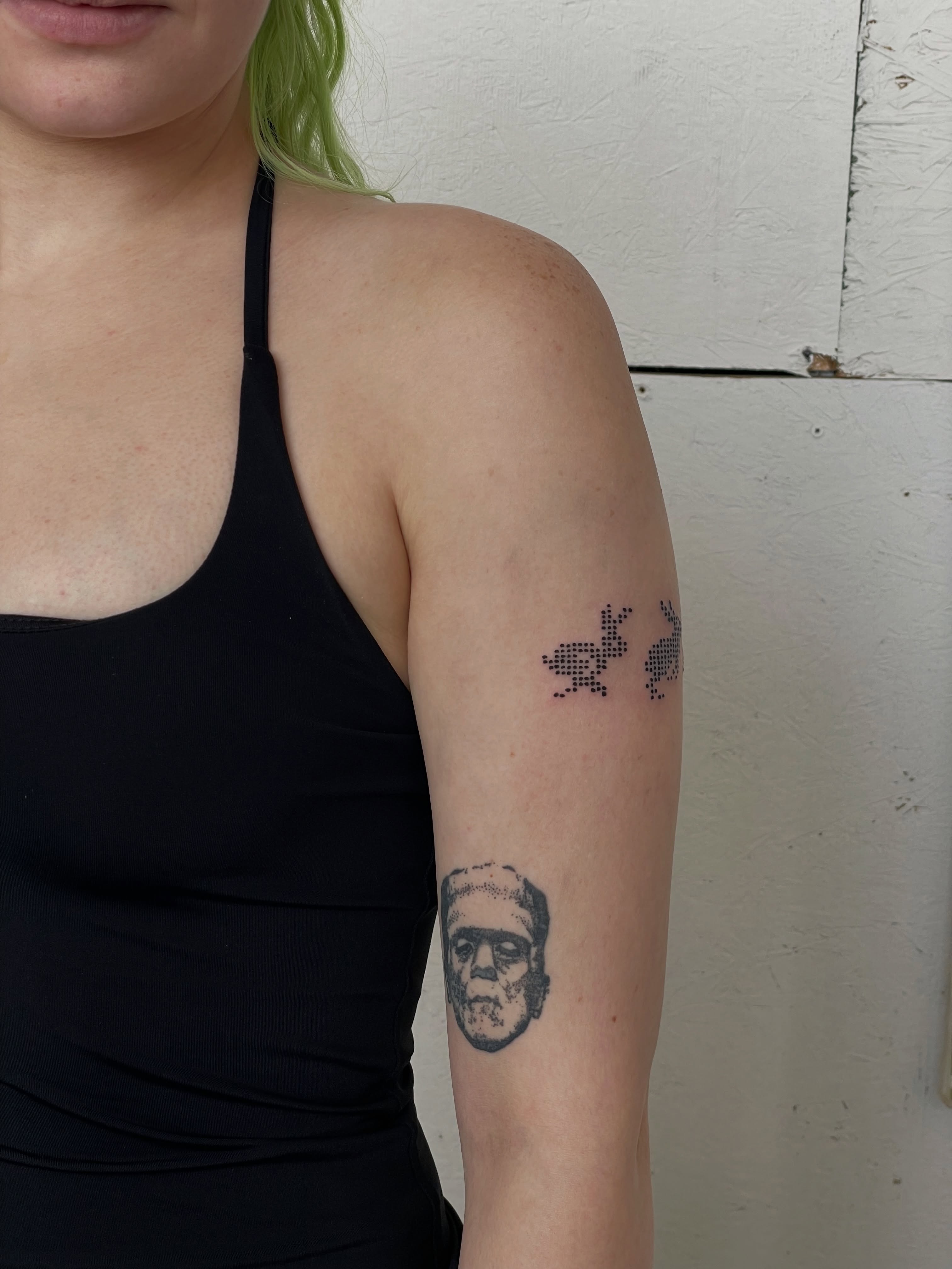Frankenstein's monster dotwork tattoo on the forearm by bisabuelita