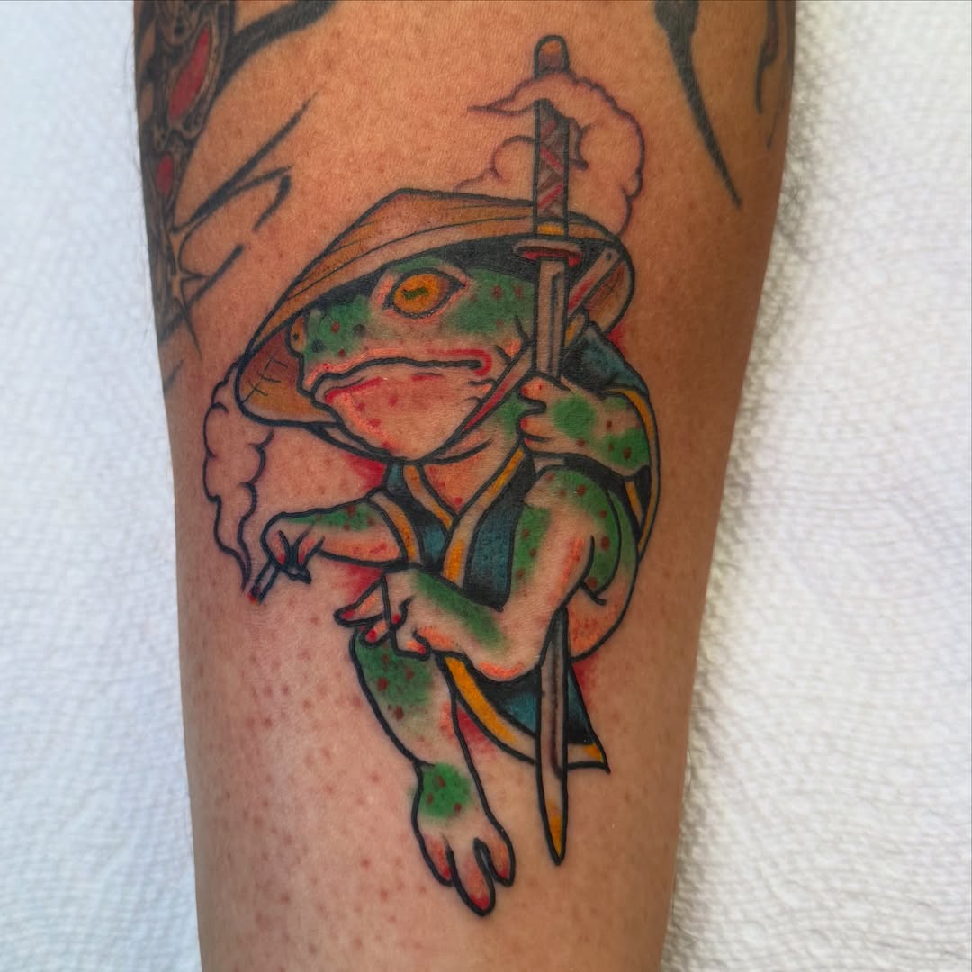 Frog samurai new school tattoo on the forearm by Ramón Silva