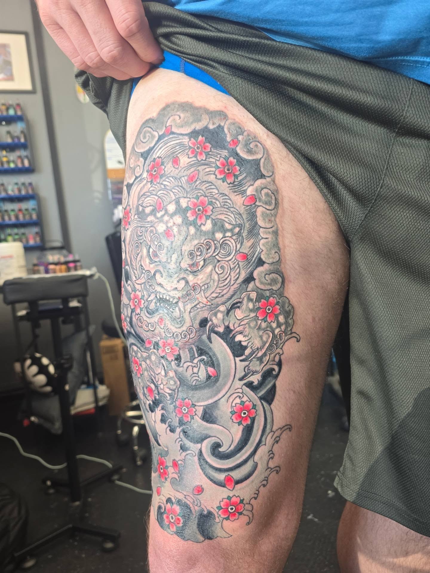 Dragon and cherry blossoms japanese irezumi tattoo on the thigh by Maddox Kitson🕷