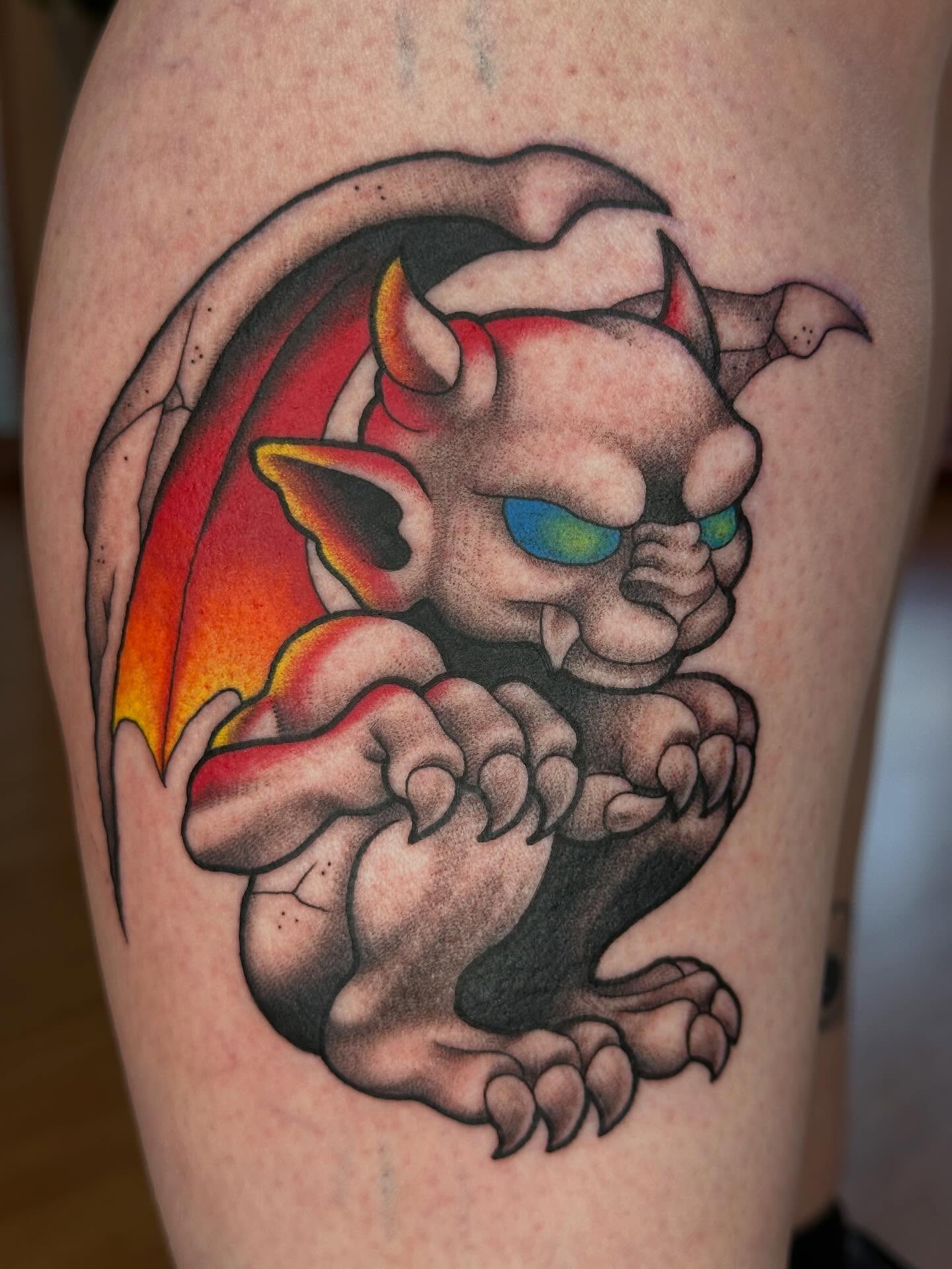 Gargoyle dotwork tattoo on the thigh by ✨ Mandy Foster - Bremerton Tattoo Artist✨, Bremerton, Washington