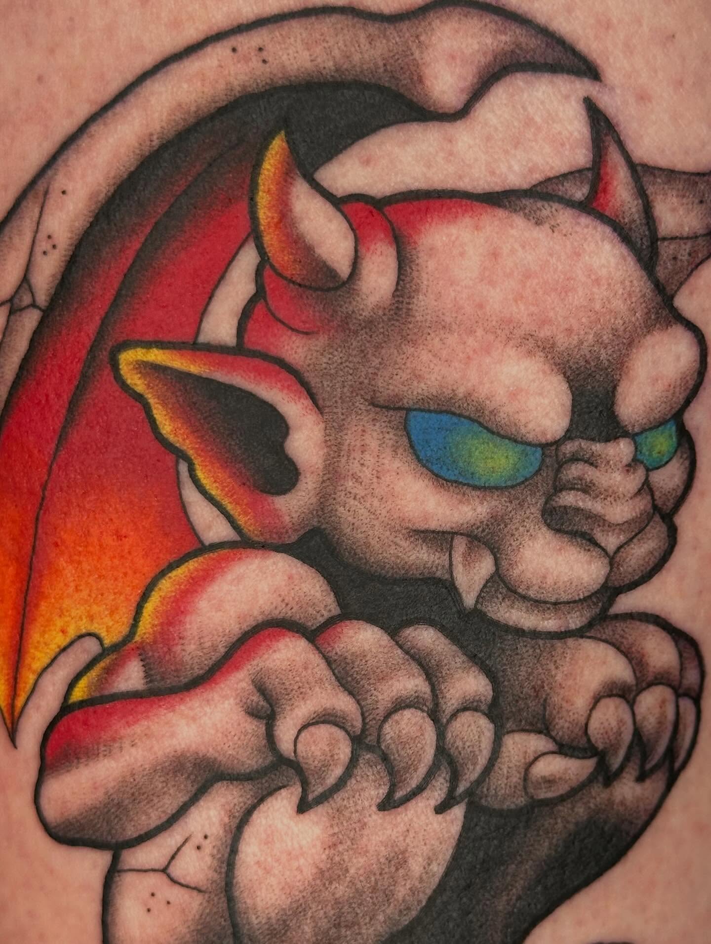 Demon American traditional tattoo on the forearm by ✨ Mandy Foster - Bremerton Tattoo Artist✨, Bremerton, Washington