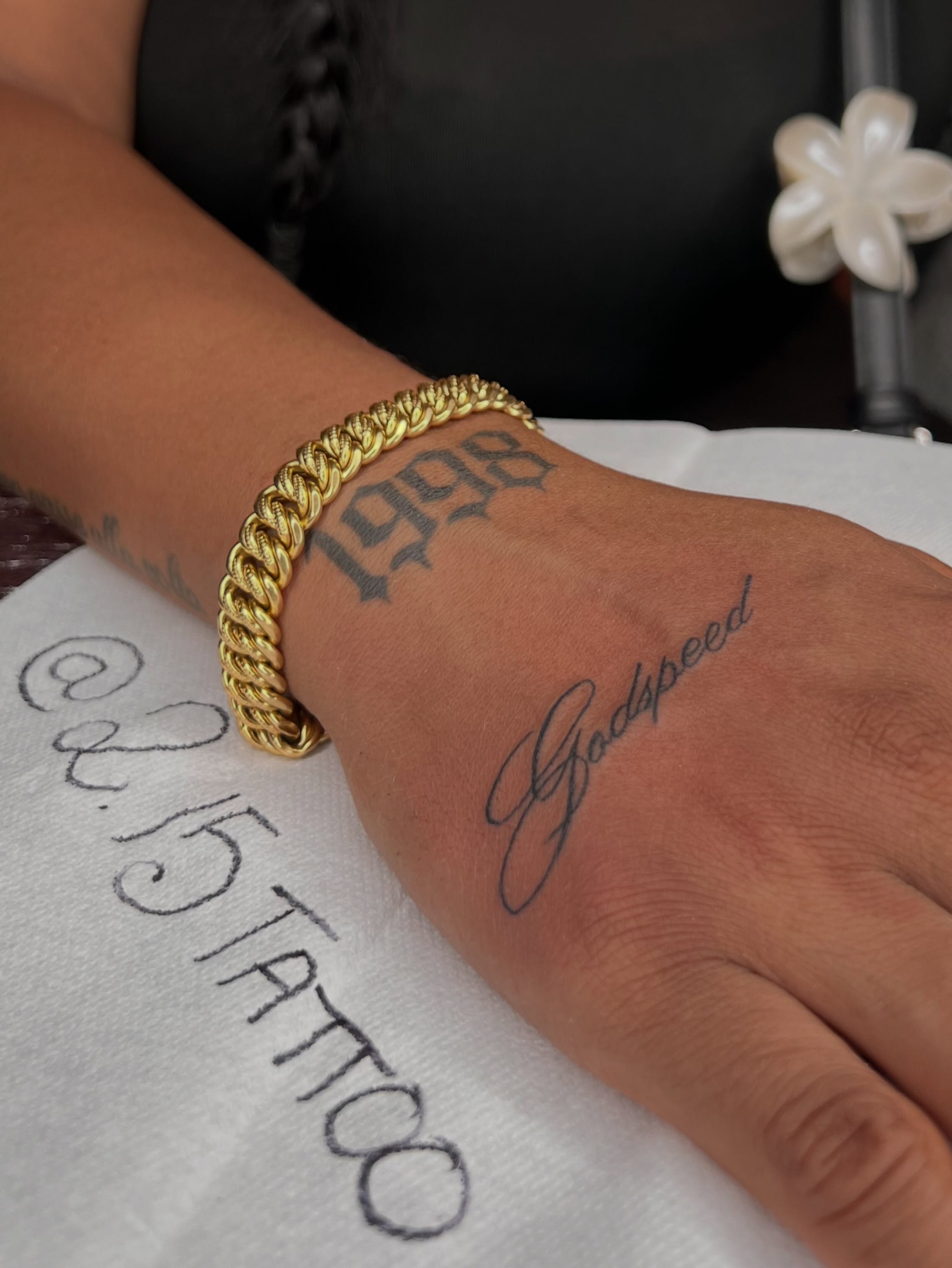 Godspeed lettering script tattoo on the forearm by Tattoo (Réaliste), Toulouse, Occitanie