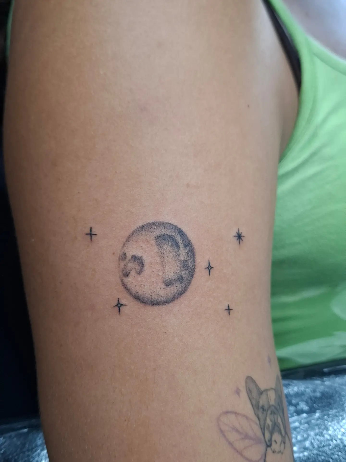 Moon and stars dotwork tattoo on the forearm by ꧁༺𝔅𝔦𝔤 ℭ𝔥𝔲𝔫𝔤𝔲𝔷༻꧂, San Diego, California