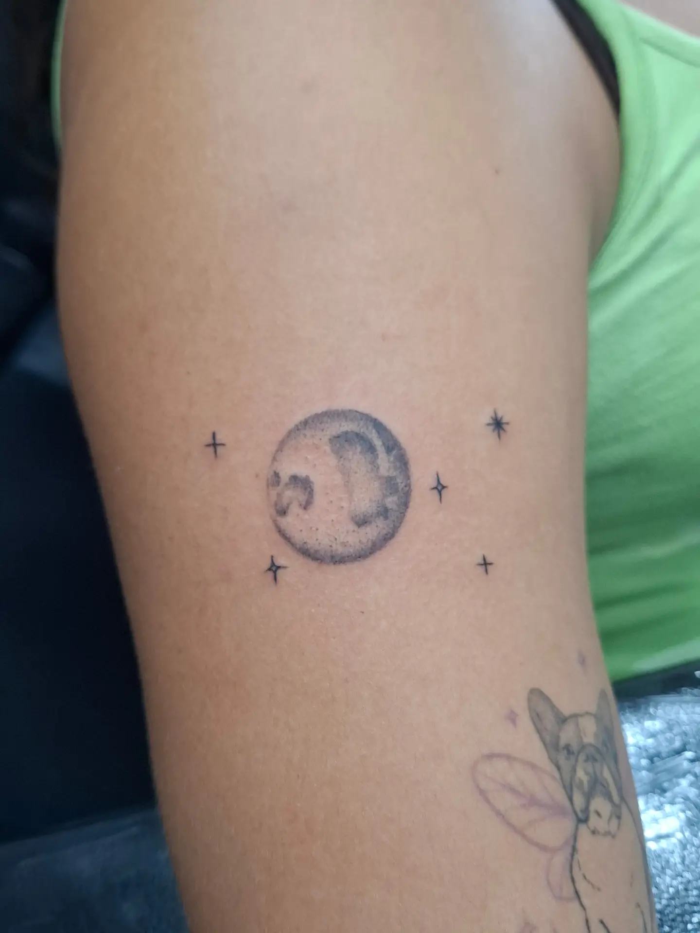 Moon and stars dotwork tattoo on the forearm by ꧁༺𝔅𝔦𝔤 ℭ𝔥𝔲𝔫𝔤𝔲𝔷༻꧂, San Diego, California