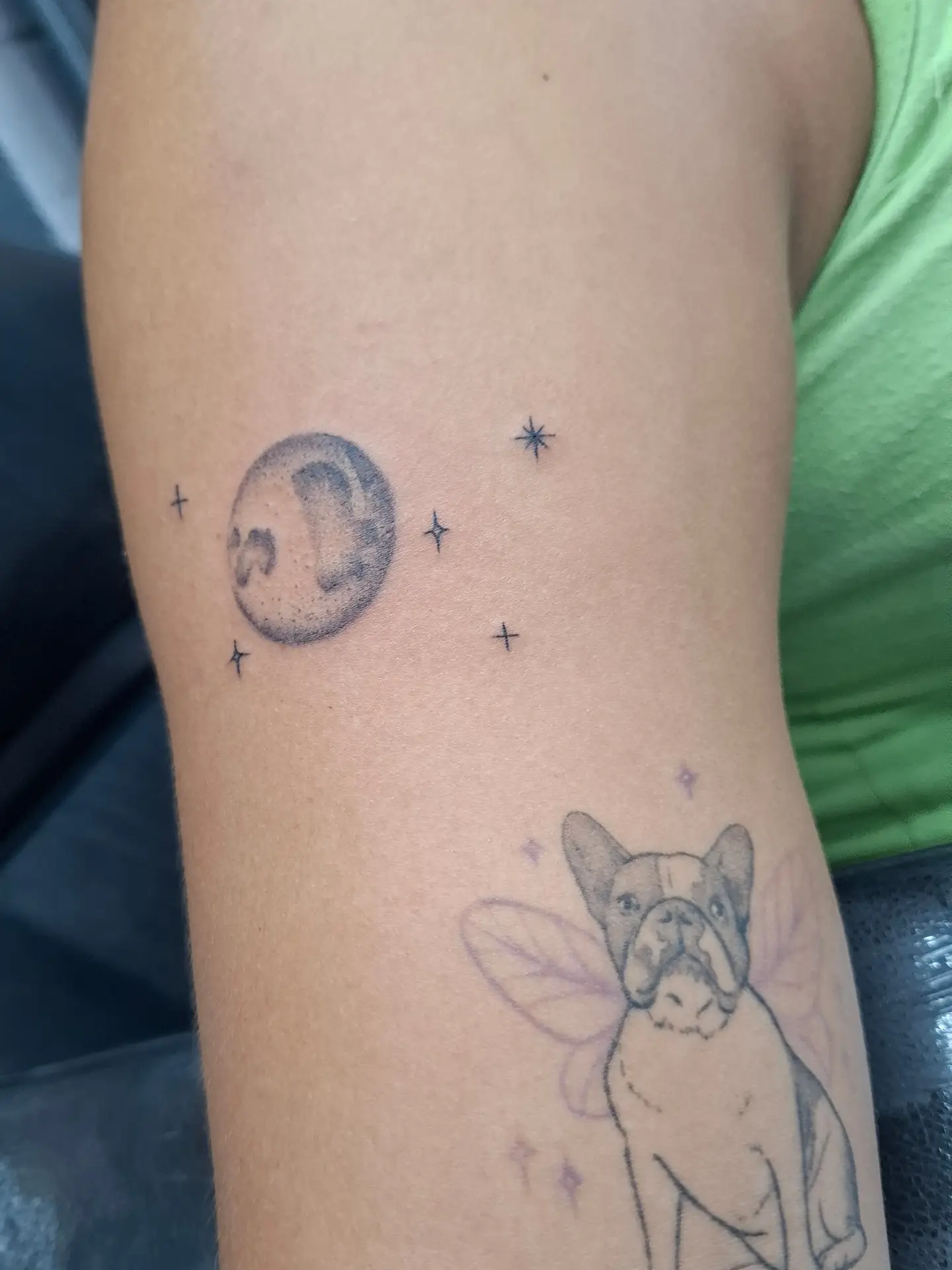 Dog with fairy wings dotwork tattoo on the forearm by ꧁༺𝔅𝔦𝔤 ℭ𝔥𝔲𝔫𝔤𝔲𝔷༻꧂, San Diego, California