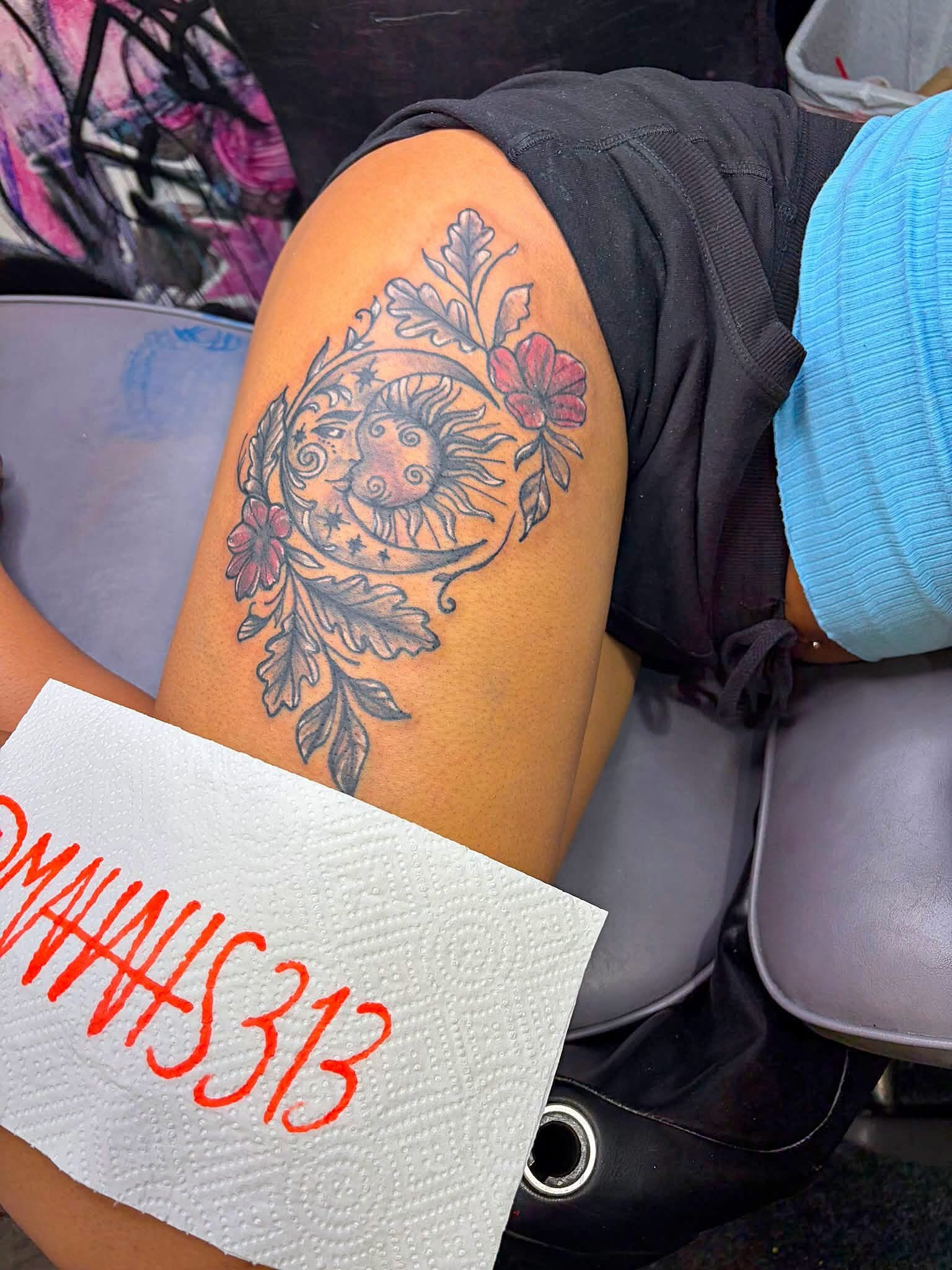 Sun and moon neo-traditional tattoo on the thigh by 🔥Matt Tatts 313🔥