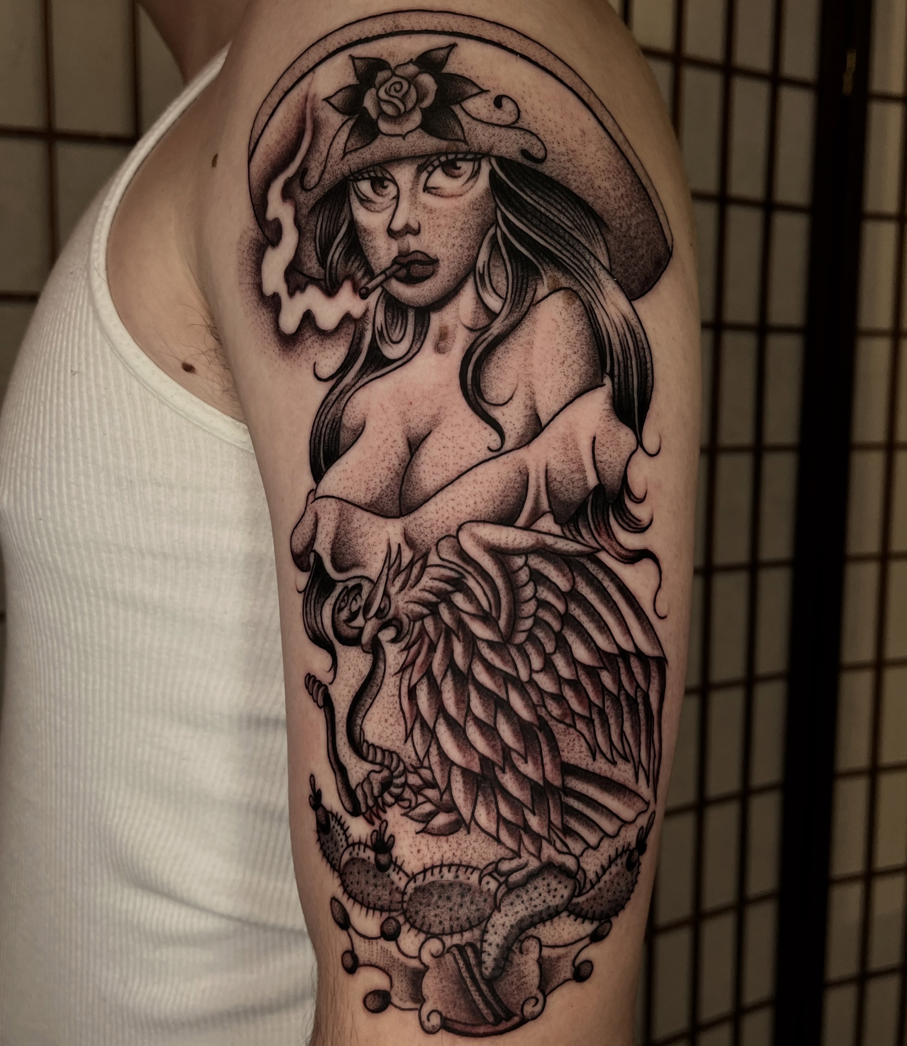 Woman smoking American traditional tattoo on the forearm by Jesus Pieces