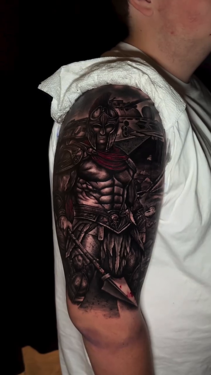 Armored warrior dark realism tattoo by Georgianna Ink, Las Vegas, Nevada