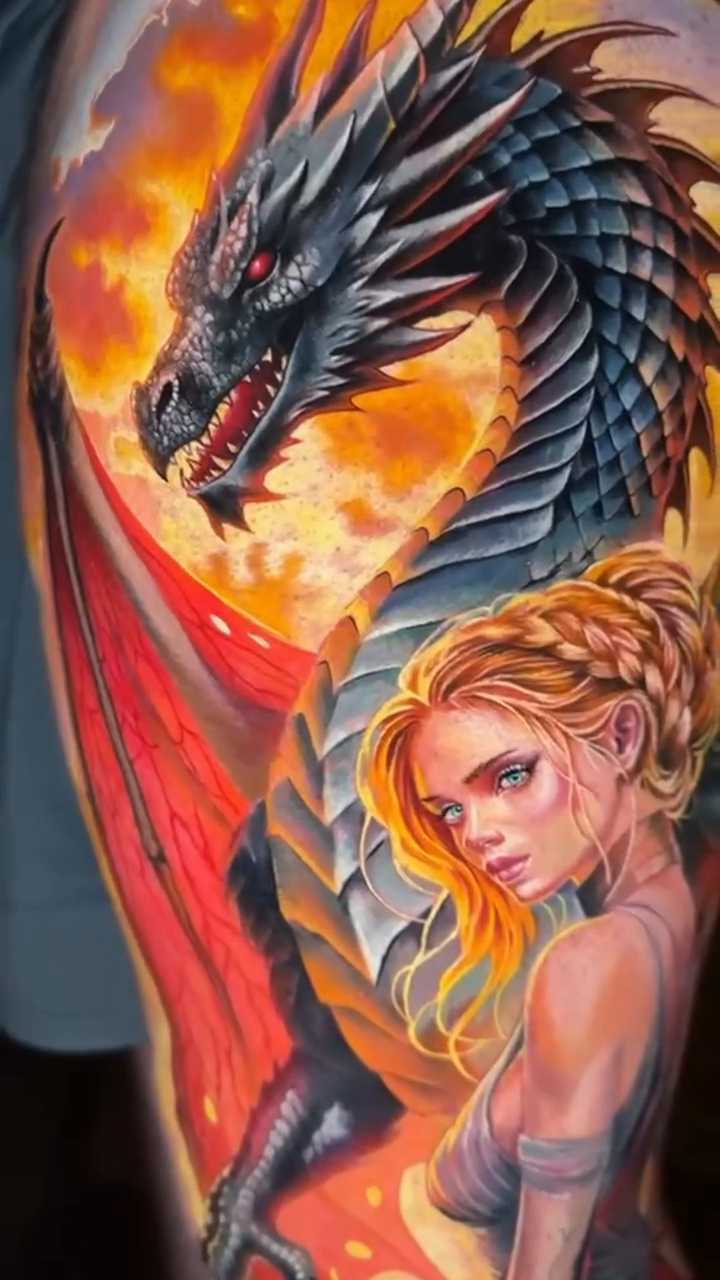 Dragon and woman realism tattoo by Chicagoland Tattoo artist - Dany Rojas
