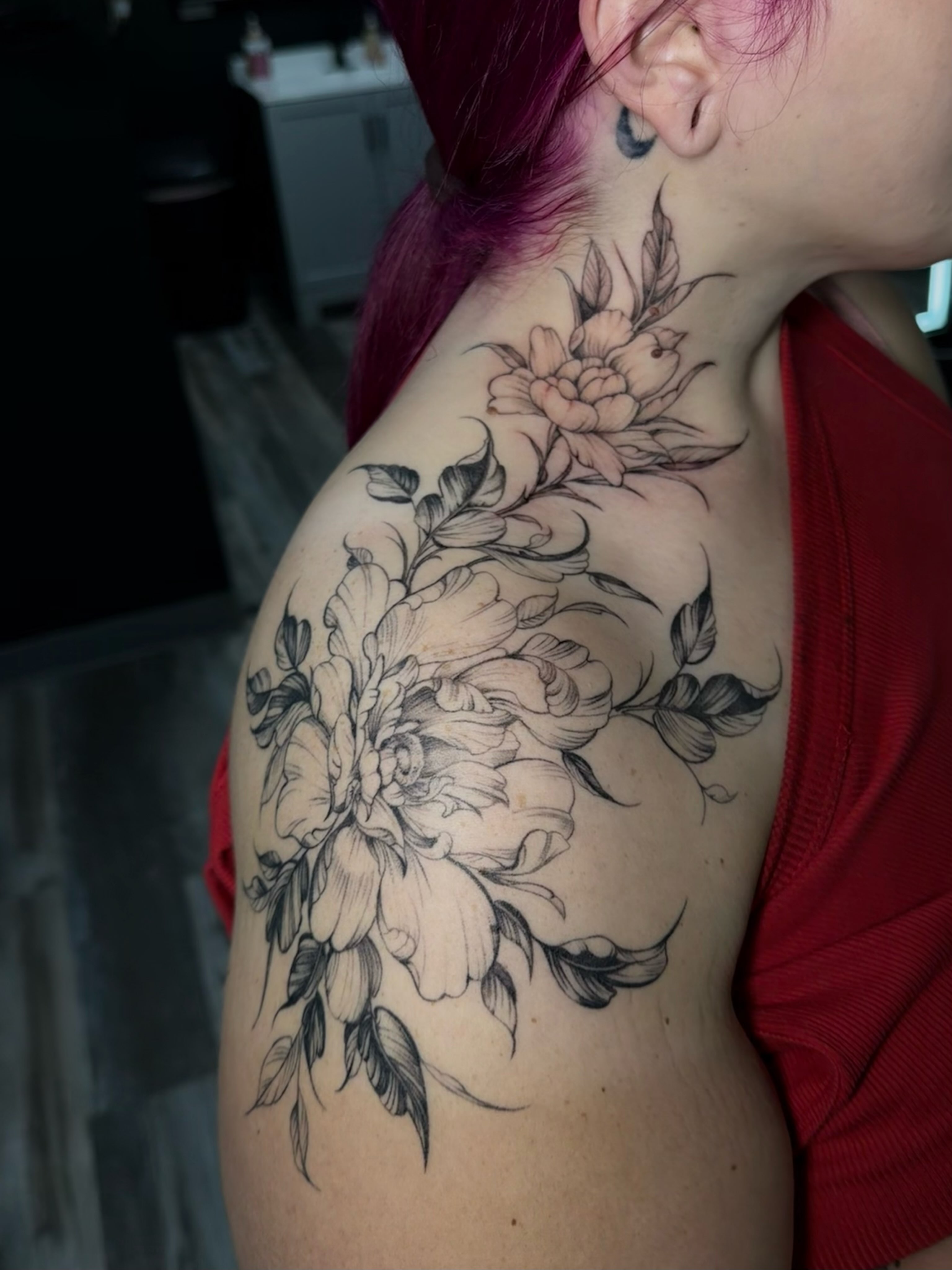 Floral bouquet black and grey tattoo on the shoulder by ✶ teryn ✶, Akron, Ohio