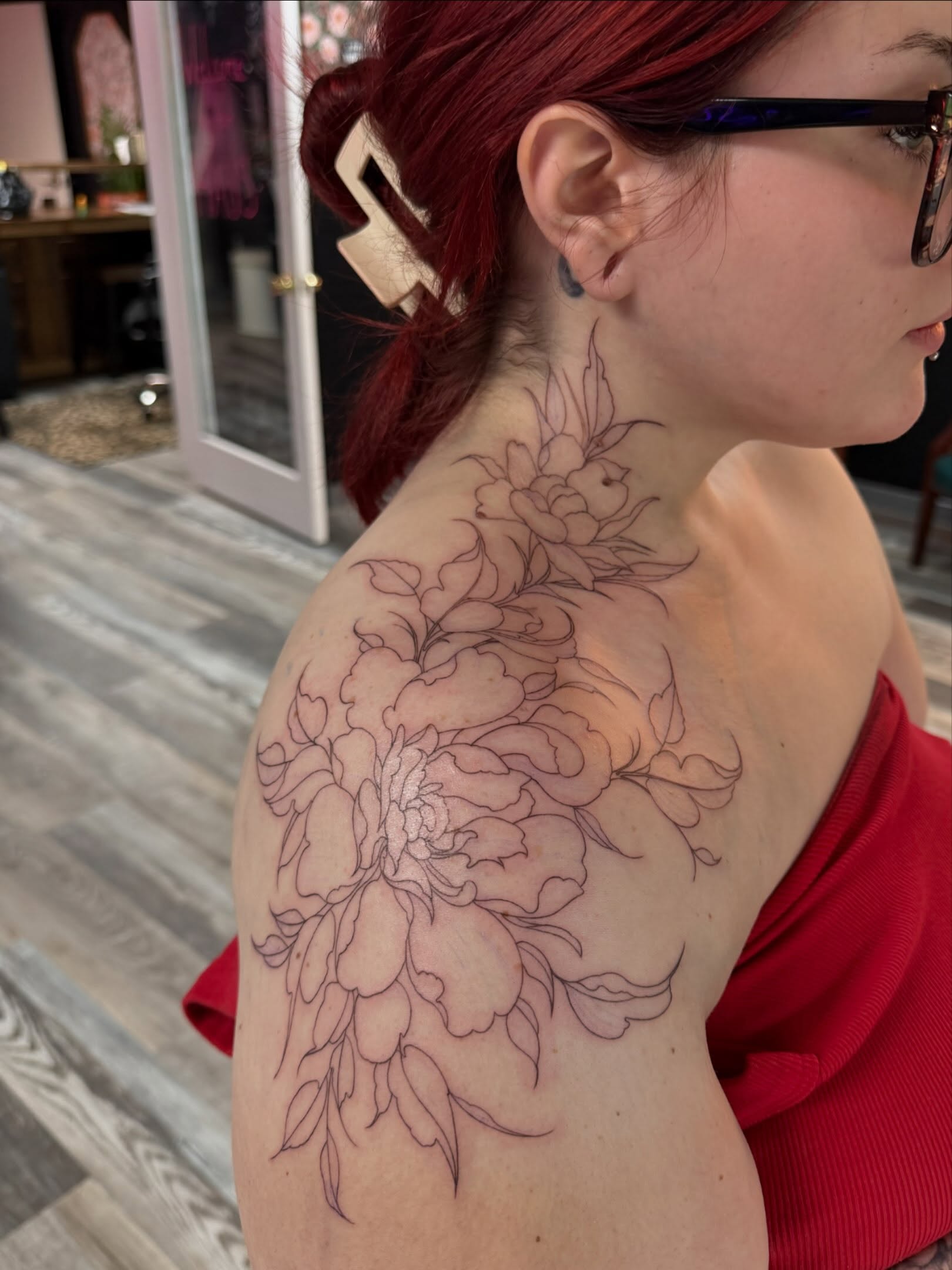 Floral bouquet black and grey tattoo on the shoulder by ✶ teryn ✶, Akron, Ohio