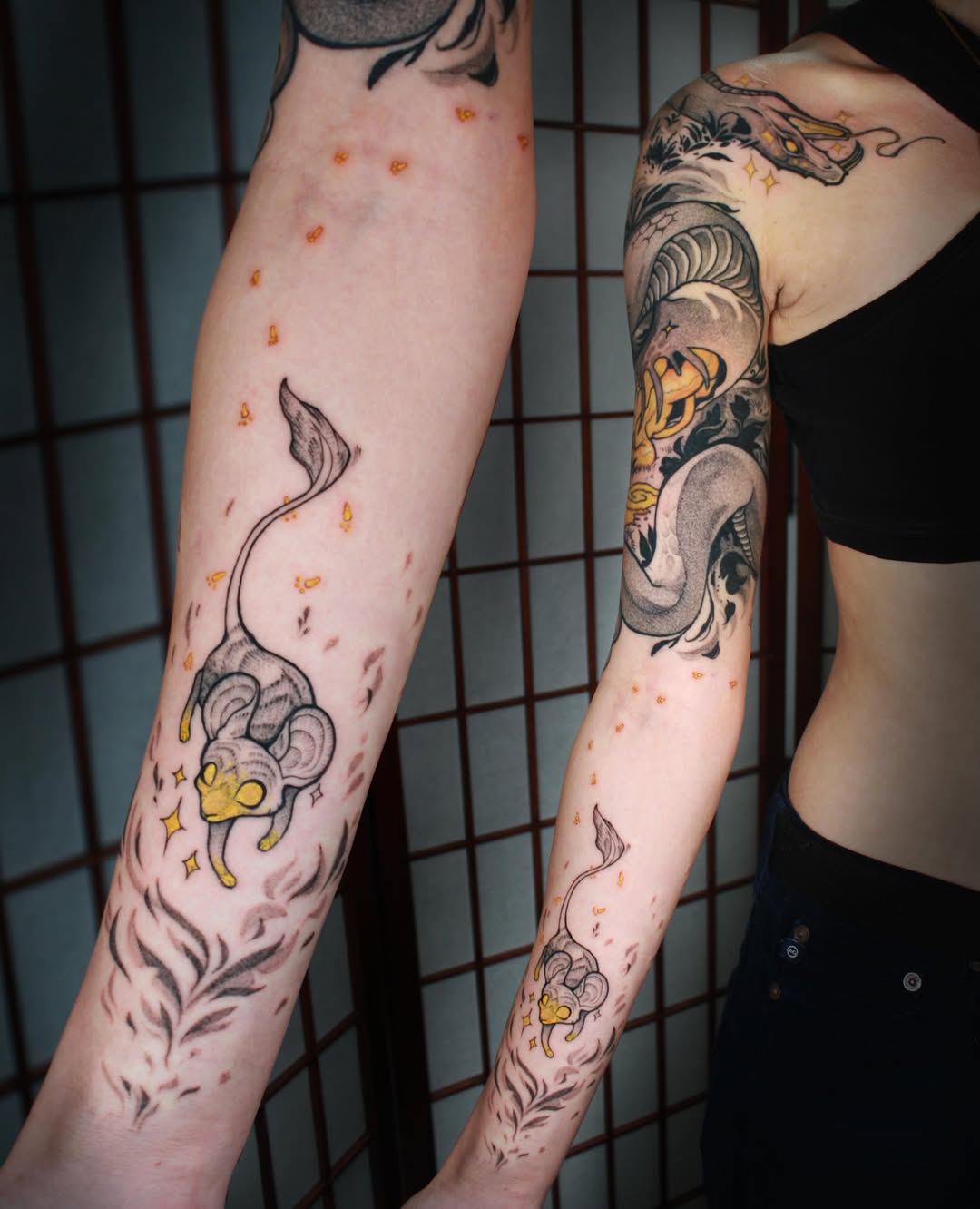 Mouse and dragon American traditional tattoo on the forearm by Holly Redwinter