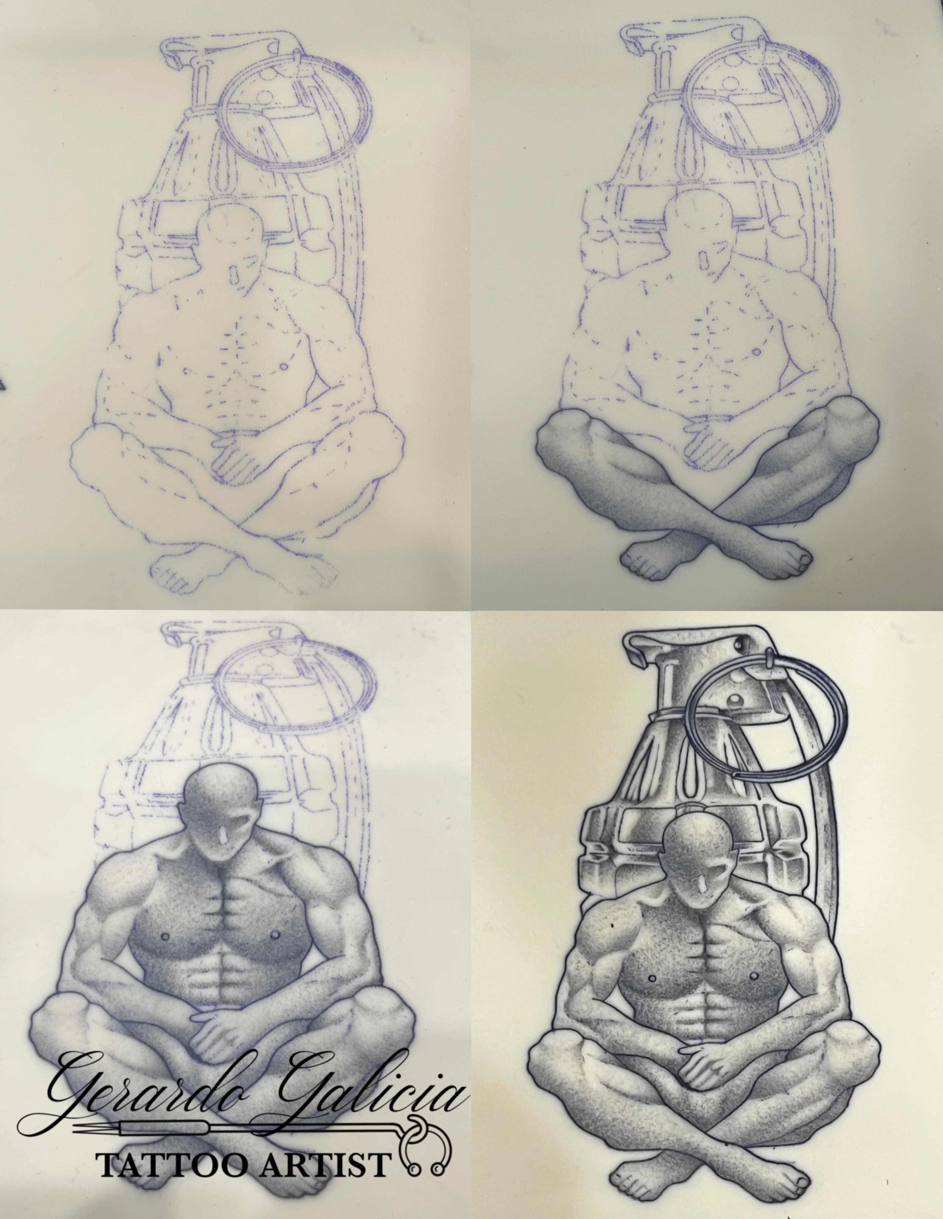 Meditation pose with bomb dotwork tattoo on the torso by Gerardo Galicia, New York, New York