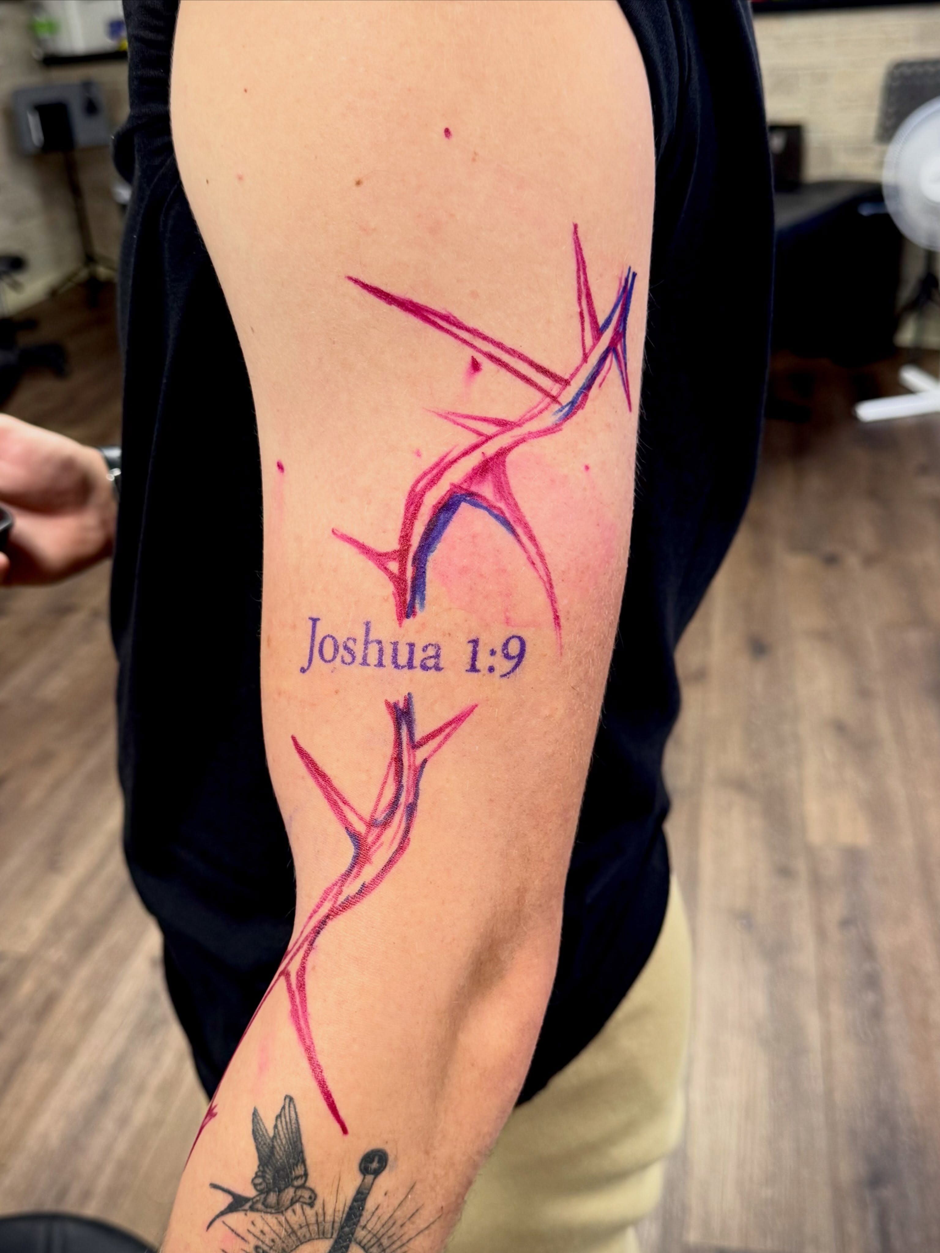 Thorns and scripture dotwork tattoo on the forearm by LeLe