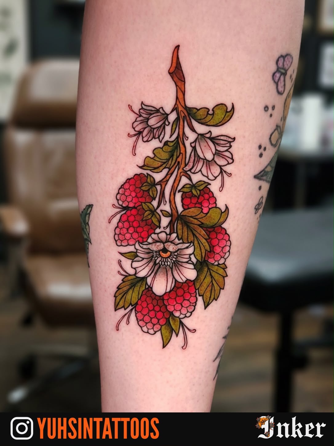 Raspberry bush American traditional tattoo on the forearm by Sheena Yu-Hsin Wood