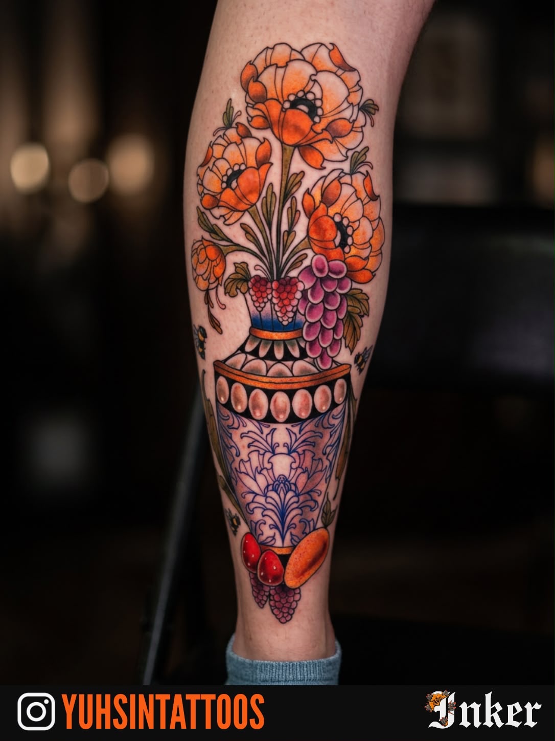 Floral arrangement American traditional tattoo on the forearm by Sheena Yu-Hsin Wood