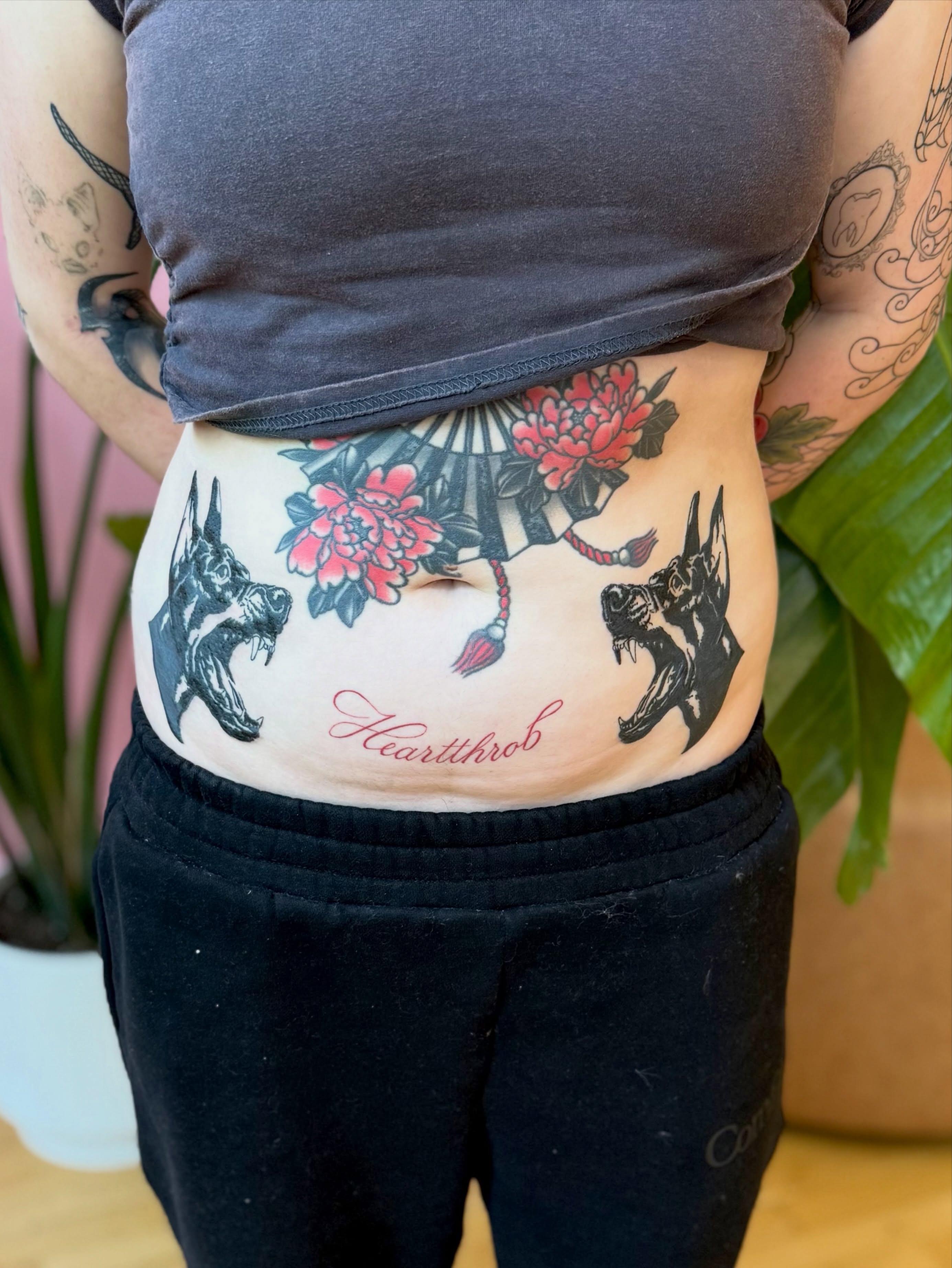 Peony and bats American traditional tattoo on the torso by Kelsey Lynn▪️Raleigh Tattoo Artist