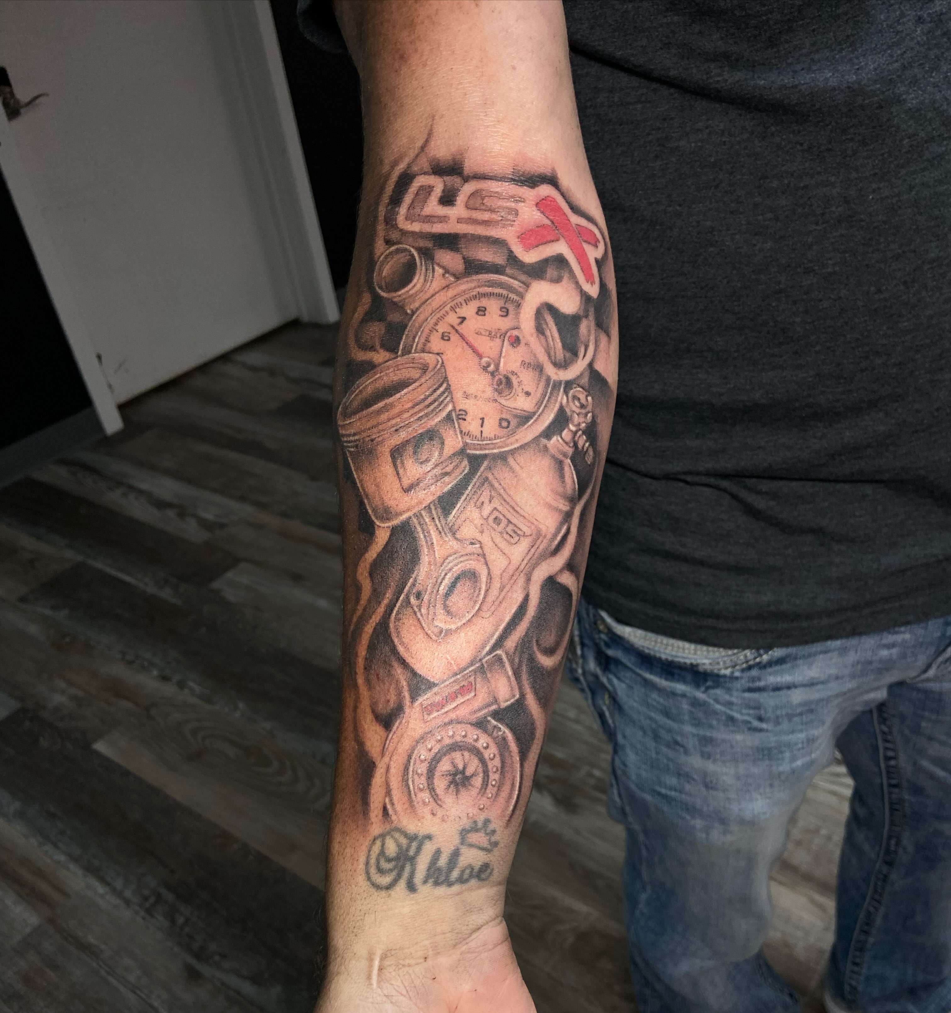 Motorcycle engine realism tattoo on the forearm by ✶ teryn ✶, Akron, Ohio