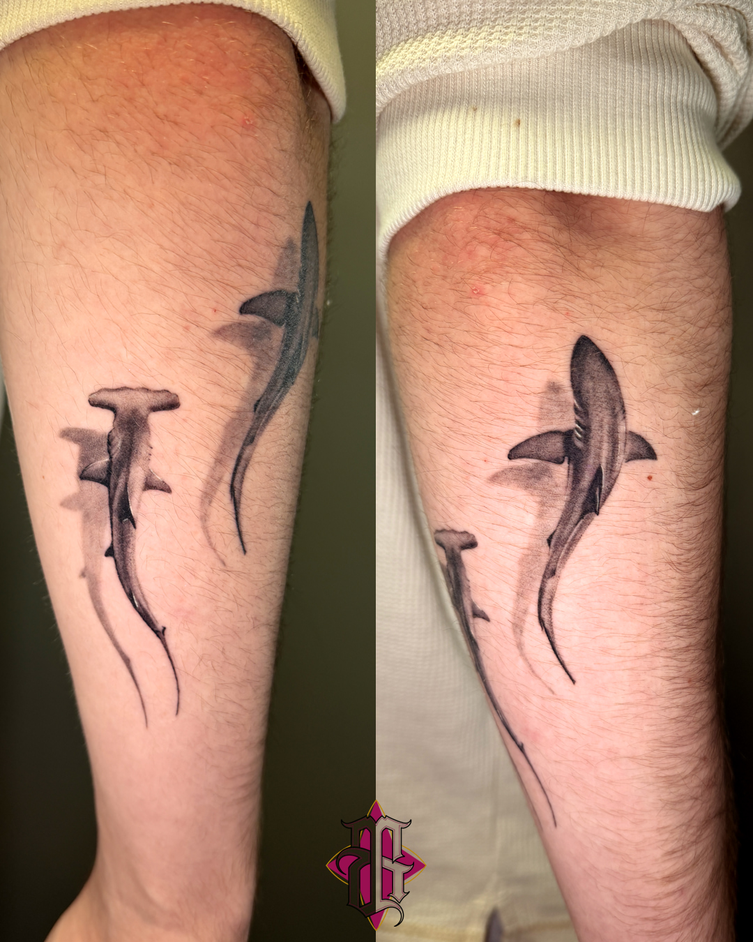 Shark black and grey tattoo on the forearm by BRIK RANGEL - Tattoo Artist