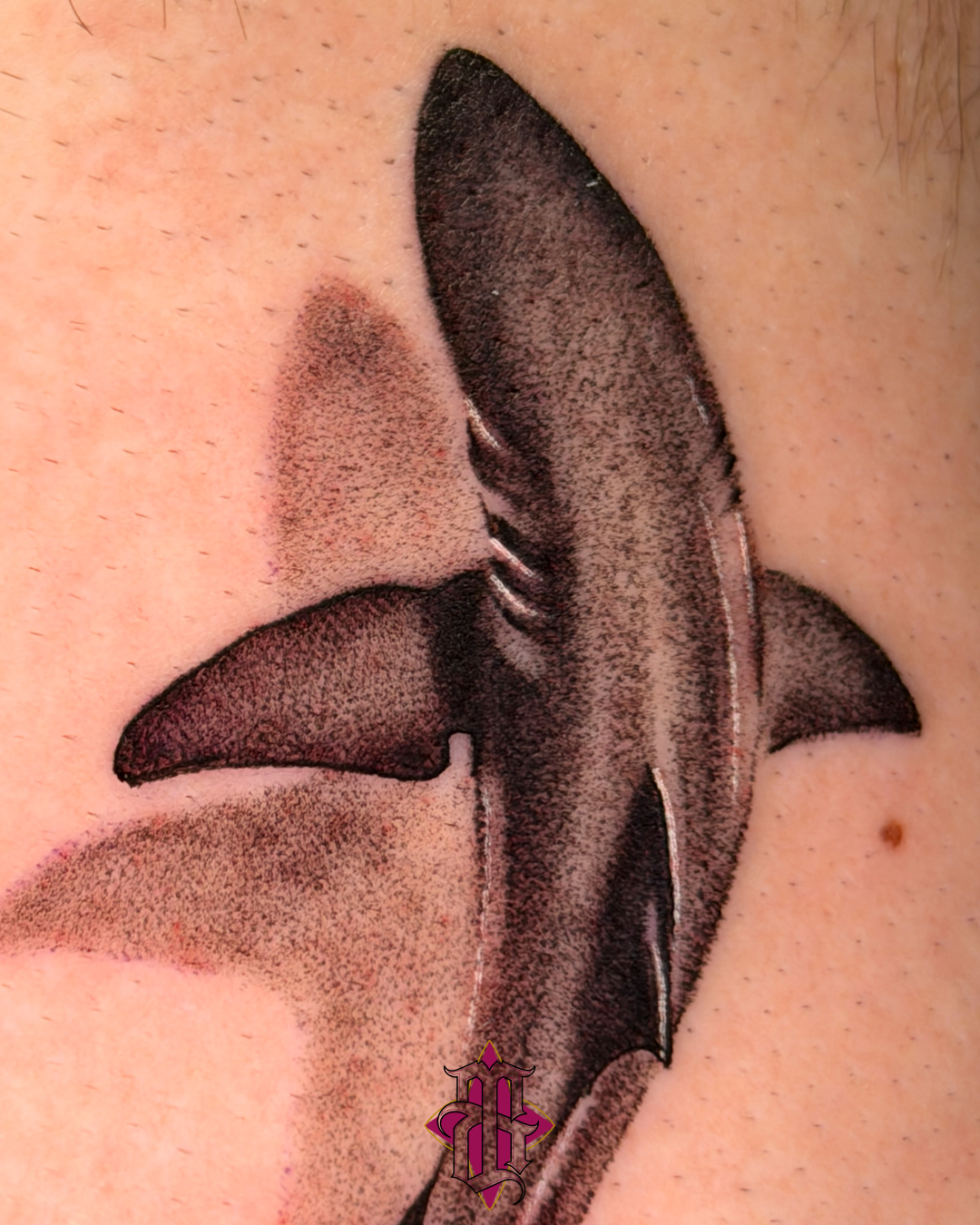 Shark black and grey tattoo on the shoulder by BRIK RANGEL - Tattoo Artist