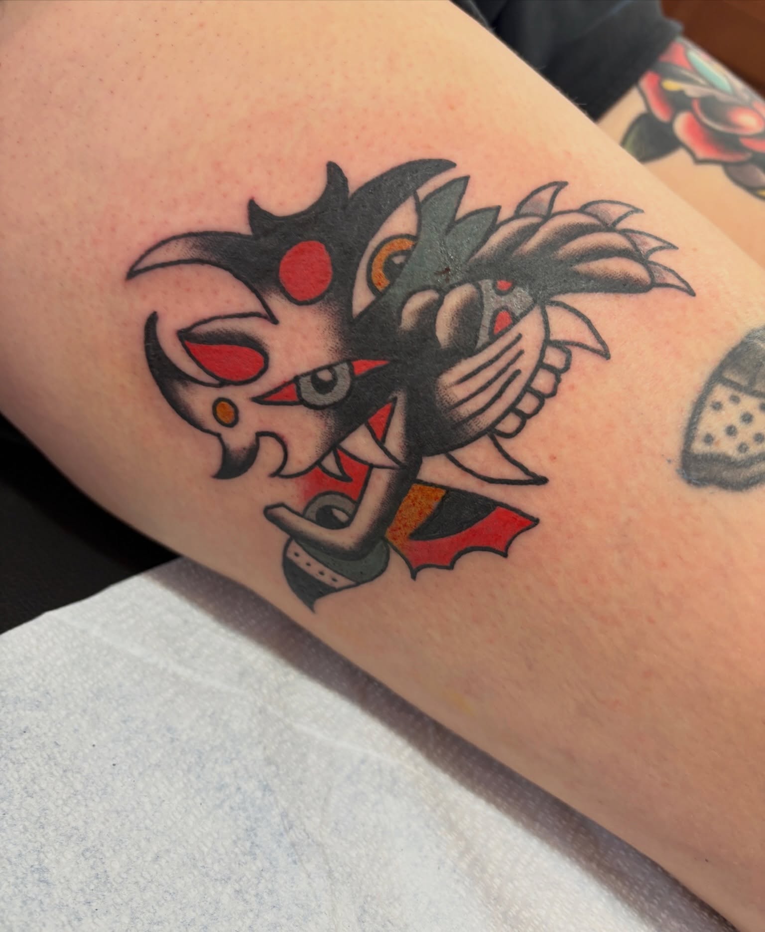 Owl American traditional tattoo on the forearm by Sammy Tattoo, Austin, Texas