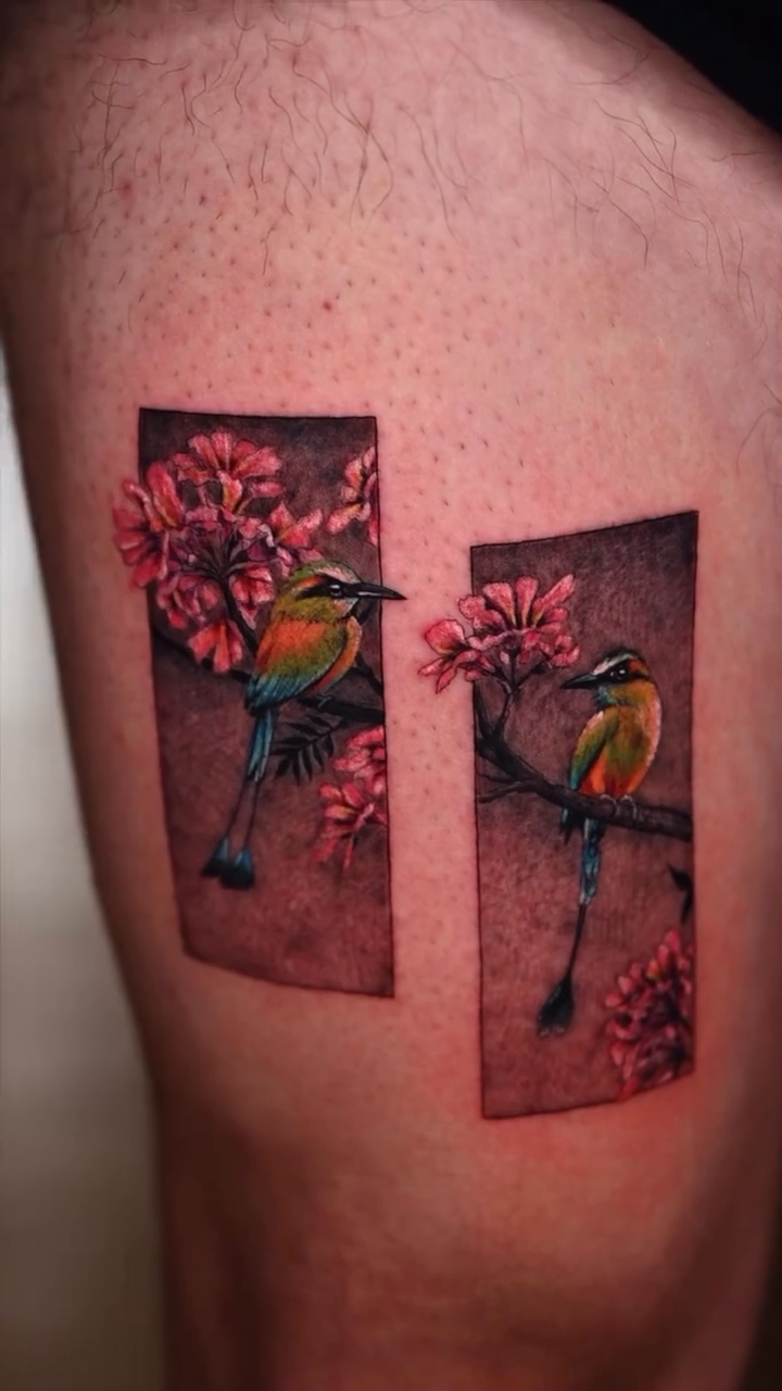 Bird and flowers realism tattoo by Ori Merchan Tattoo, Kansas City, Missouri
