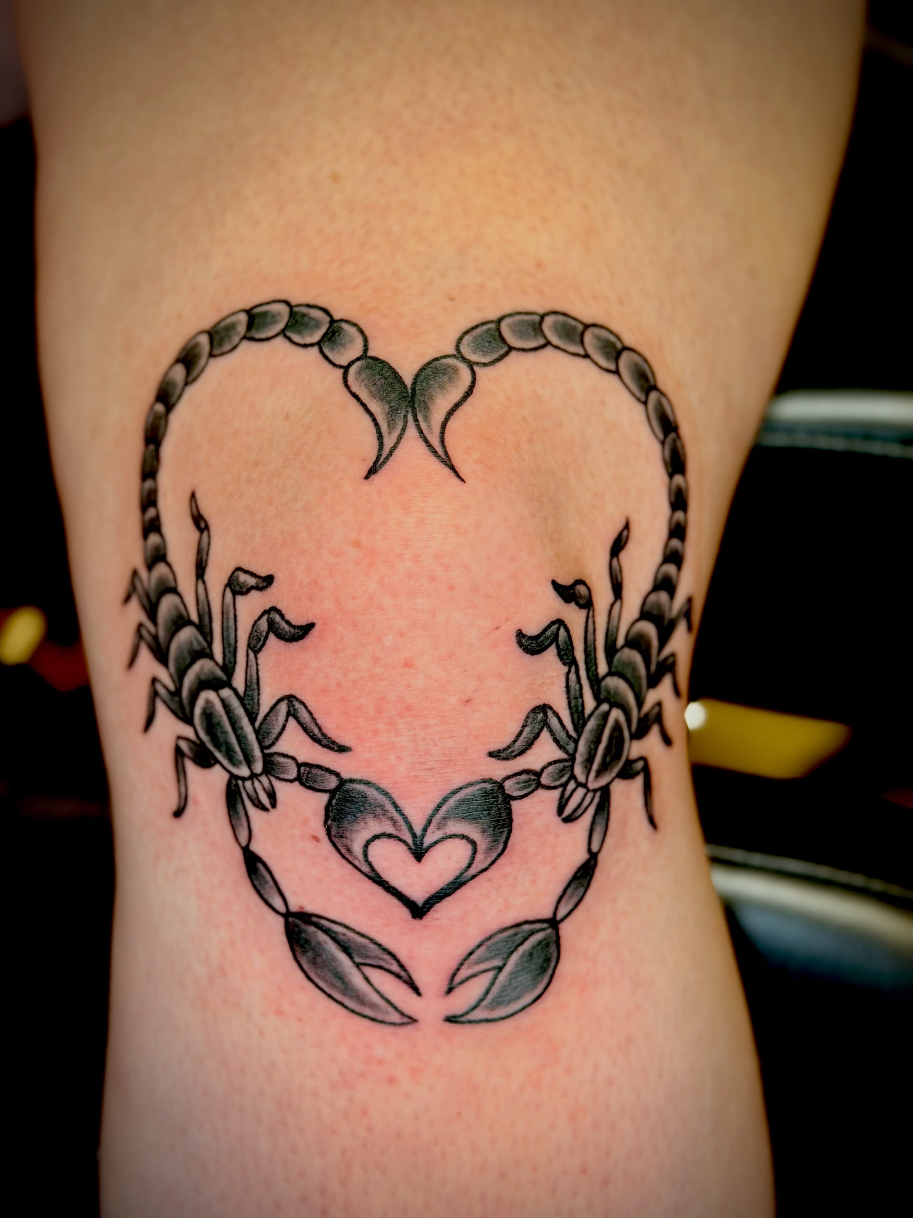 Scorpion heart black and grey tattoo on the thigh by Joshua Ware, Alvarado, Texas