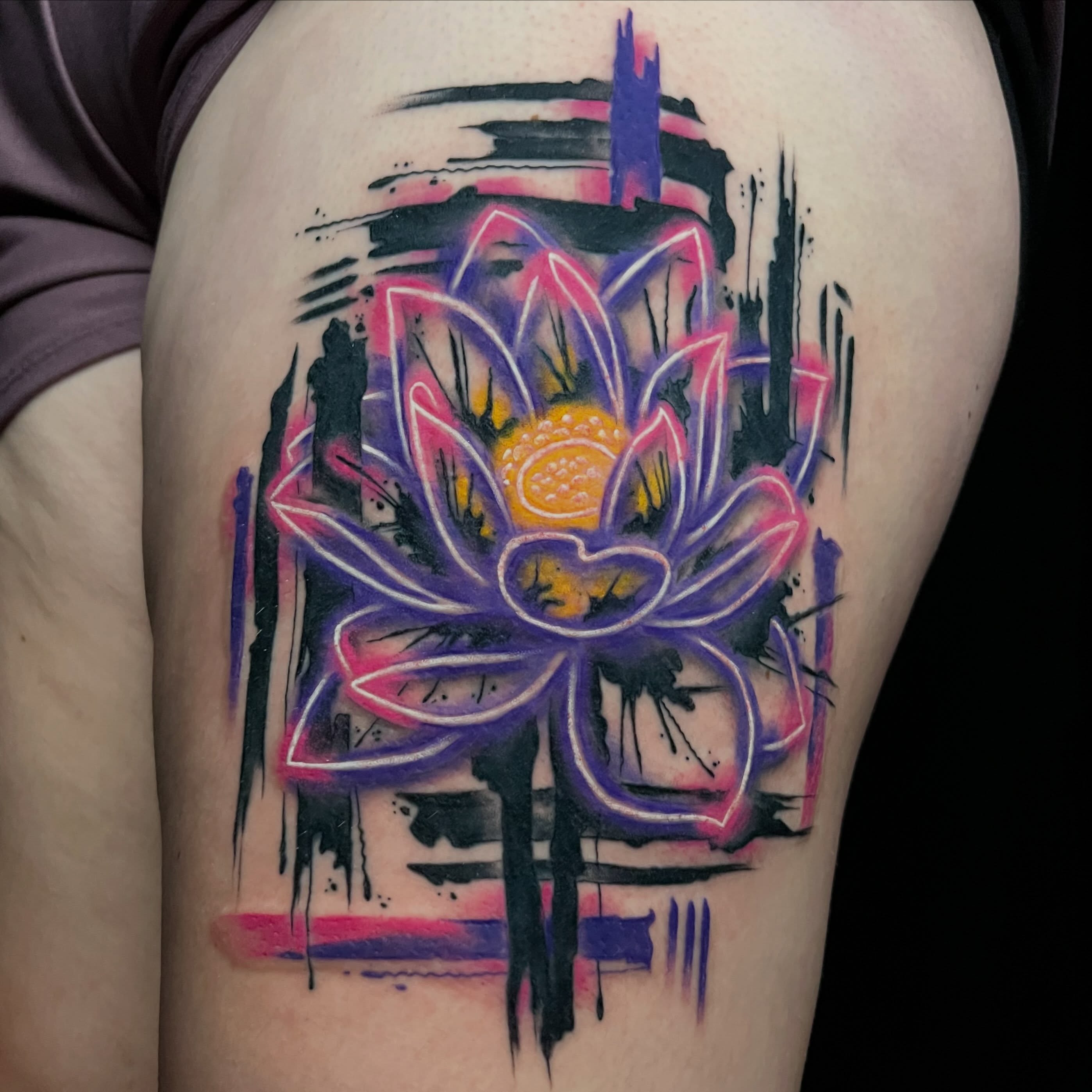 Lotus flower new school tattoo on the thigh by Cuda