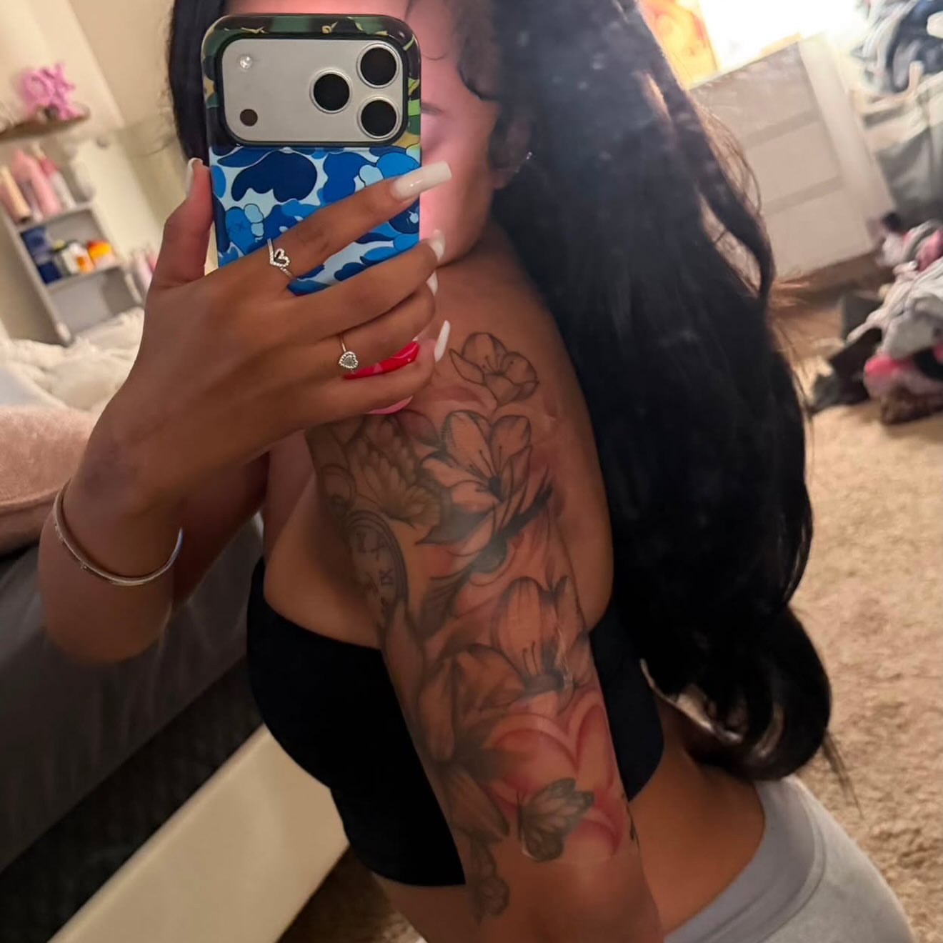 Floral bouquet new school tattoo on the upper arm by Stephania ATLANTA TATTOO ARTIST🎨