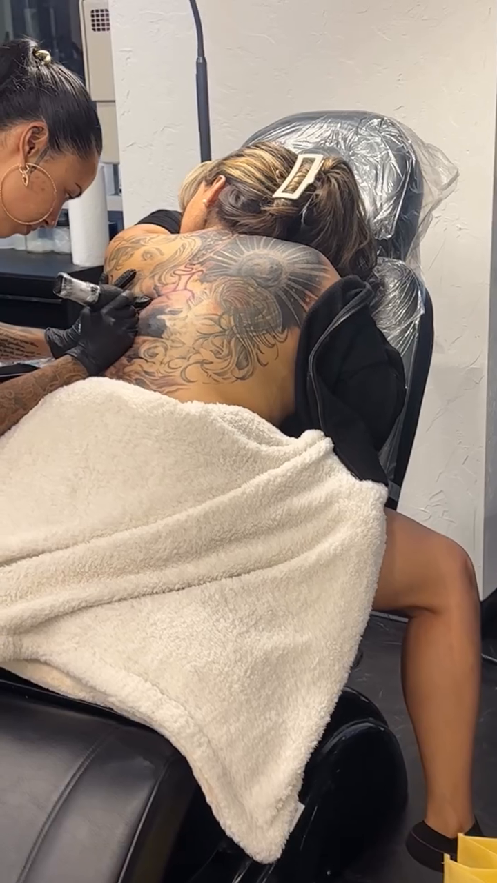 Dragon and floral back piece japanese irezumi tattoo by Dani B.