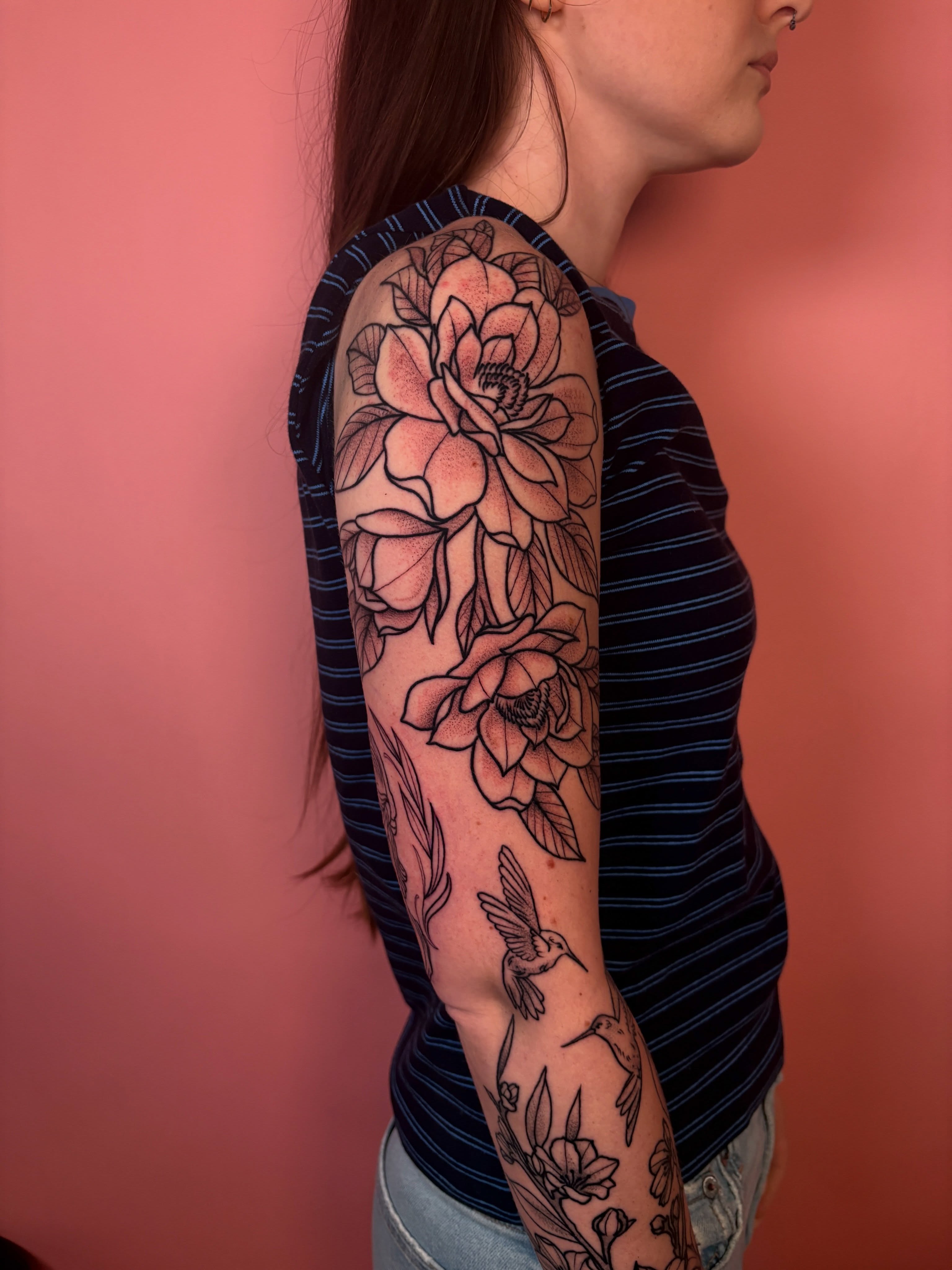 Lotus flowers and hummingbirds dotwork tattoo on the forearm by Car🦋🌈 Dallas Tattoo Artist💖