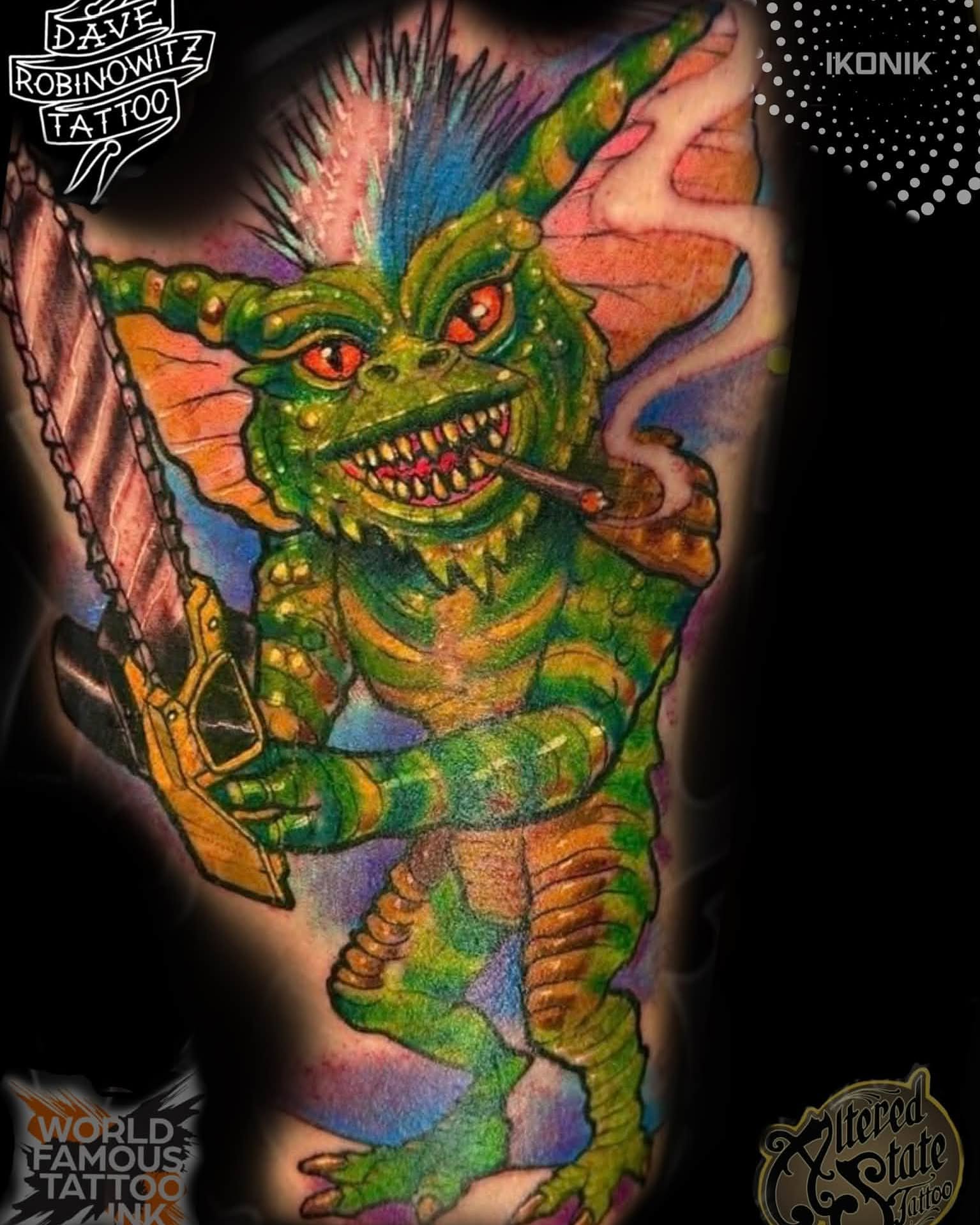 Gremlin dotwork tattoo on the forearm by Dave Robinowitz