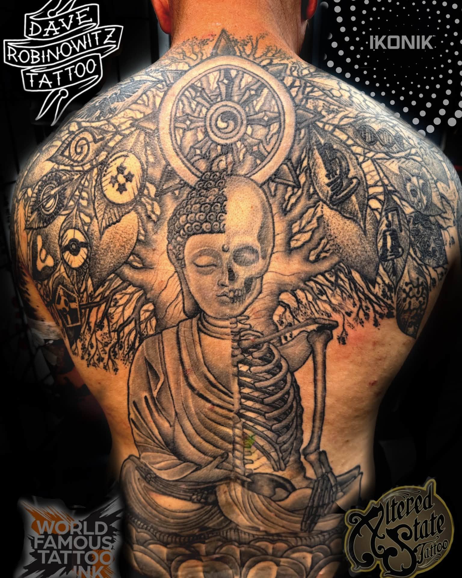 Buddha skeleton realism tattoo on the back by Dave Robinowitz