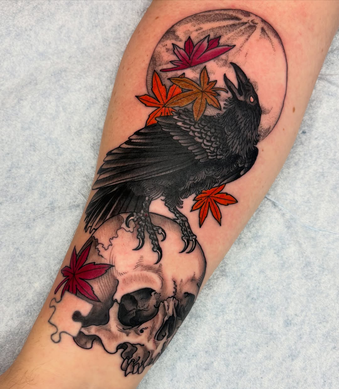 Crow and skull japanese irezumi tattoo on the forearm by Adam Bailey, Portland, Oregon