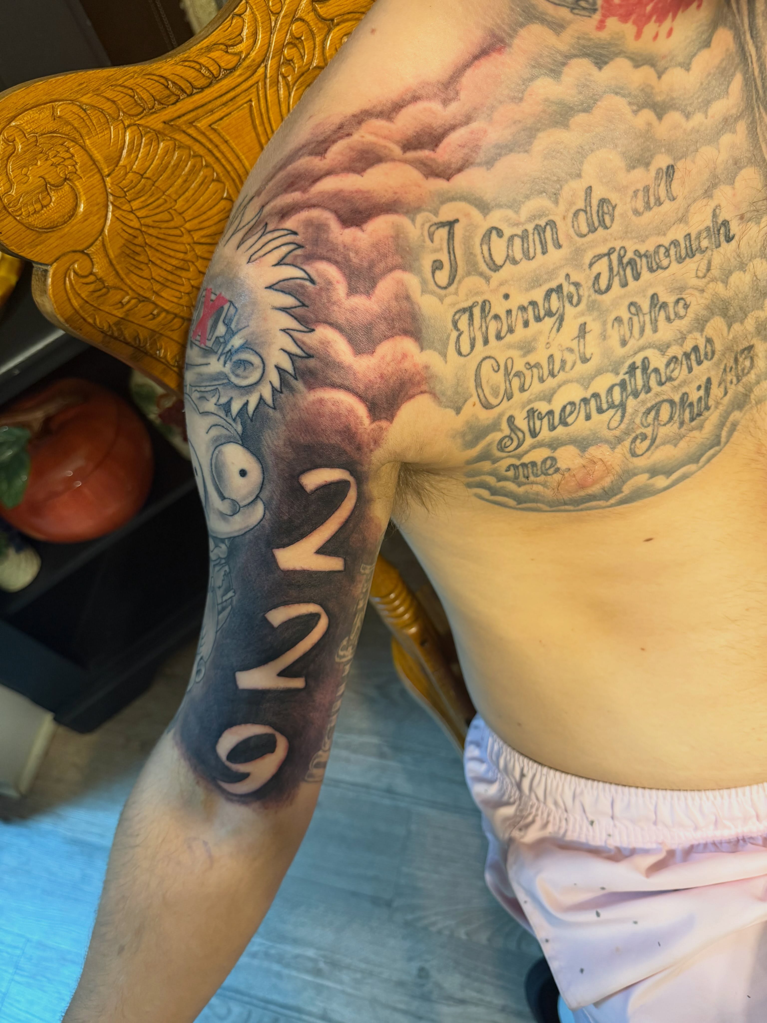 Religious quote realism tattoo on the upper arm by Tattoosbydevon