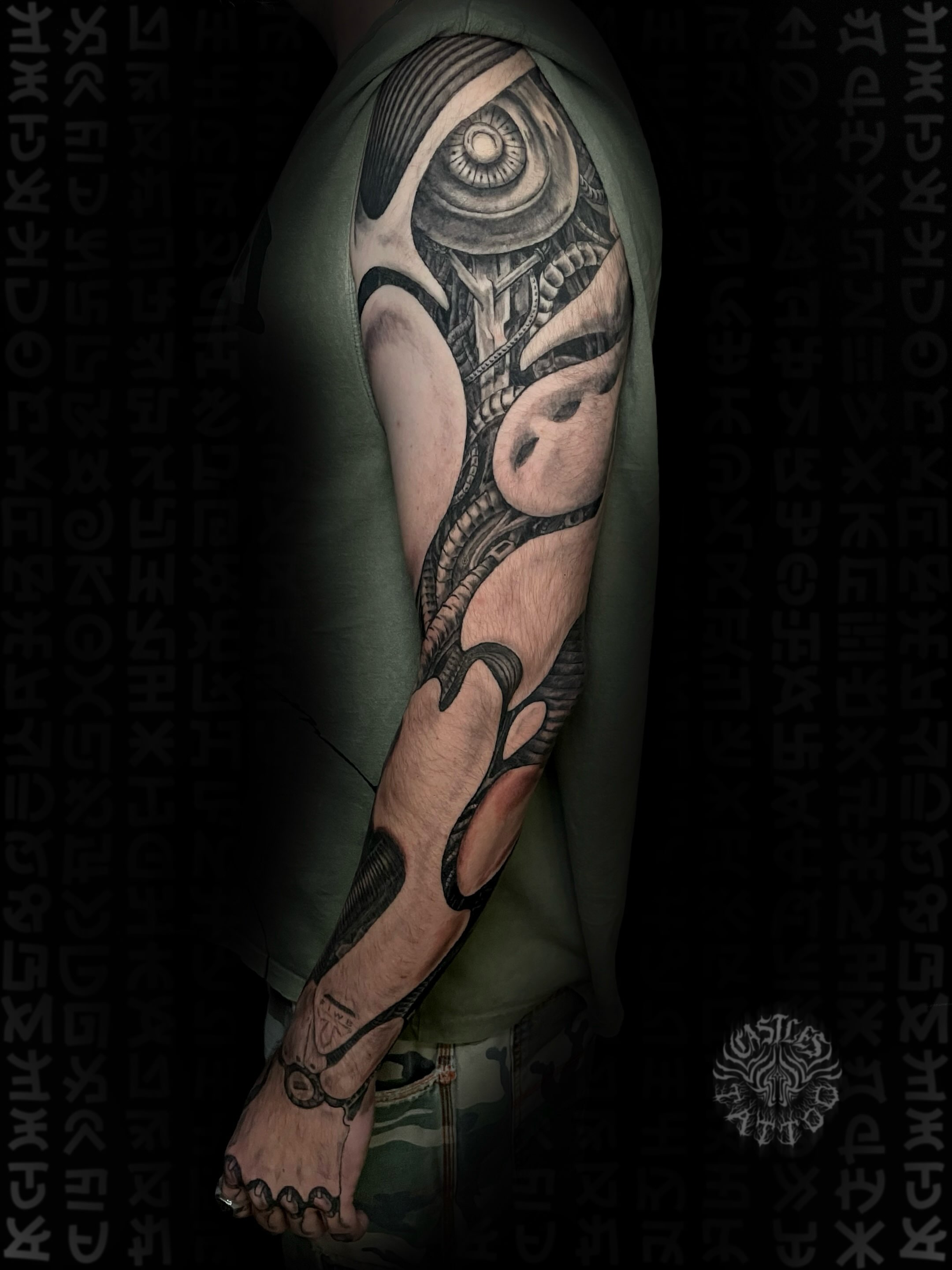 Mechanical eye geometric tattoo on the forearm by Erin Portland Tattoo Artist