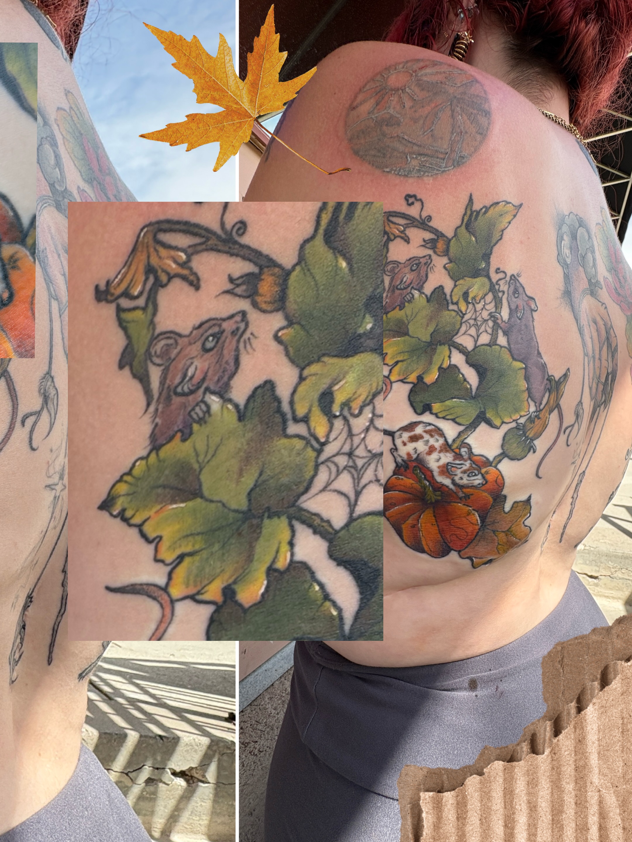 Mice and pumpkins new school tattoo on the back by Liz Cook