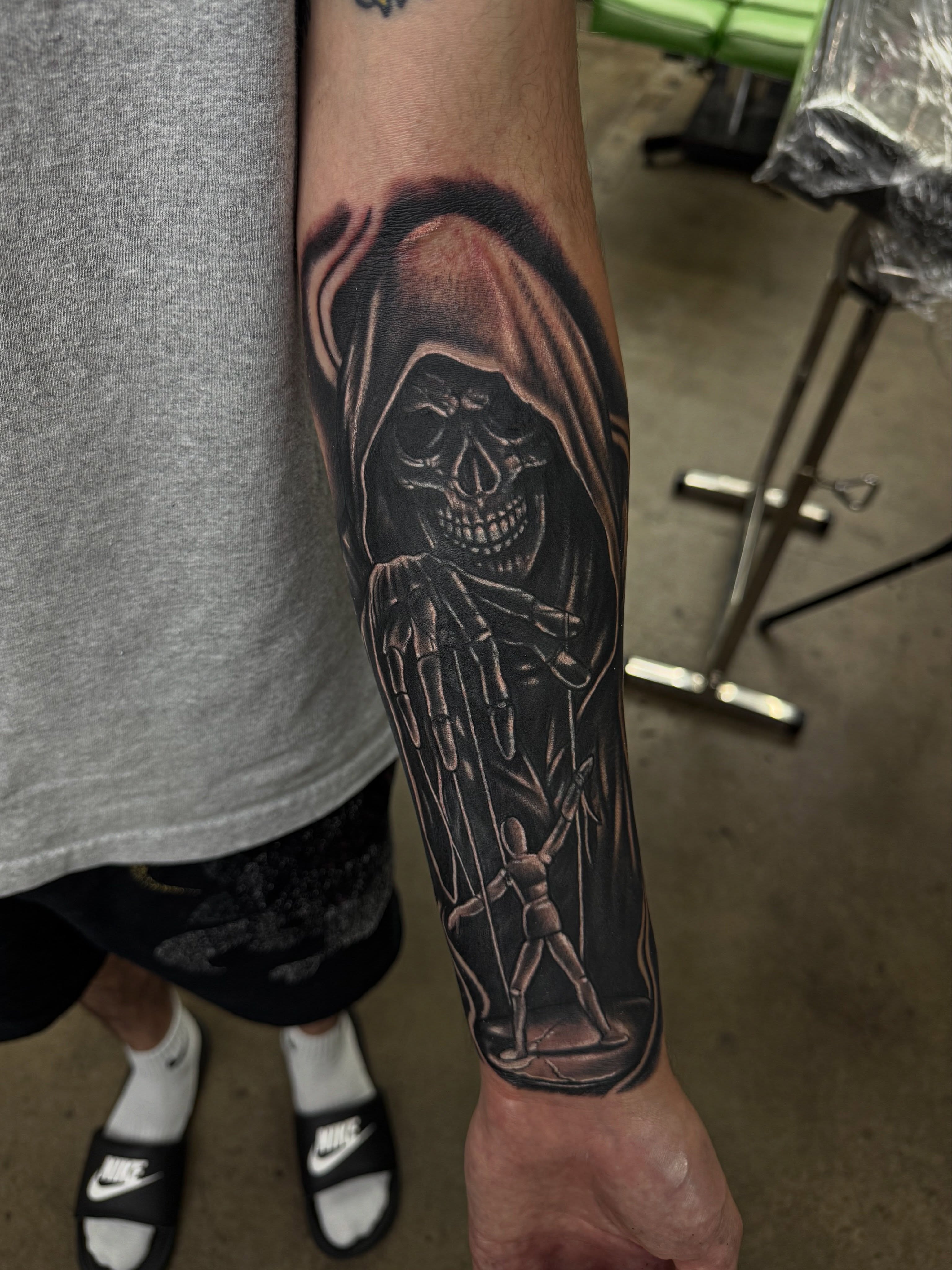 Grim reaper realism tattoo on the forearm by @samg_tat2s, San Diego, California