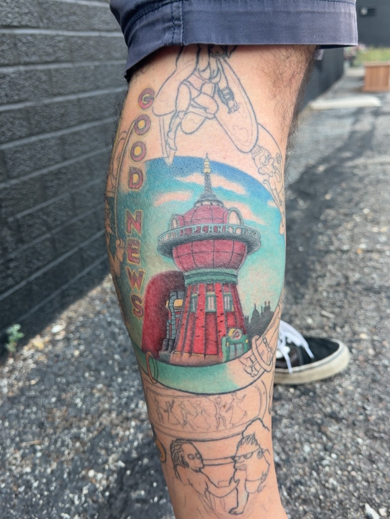 Space station new school tattoo on the leg by Shelly Elissa Tattoos