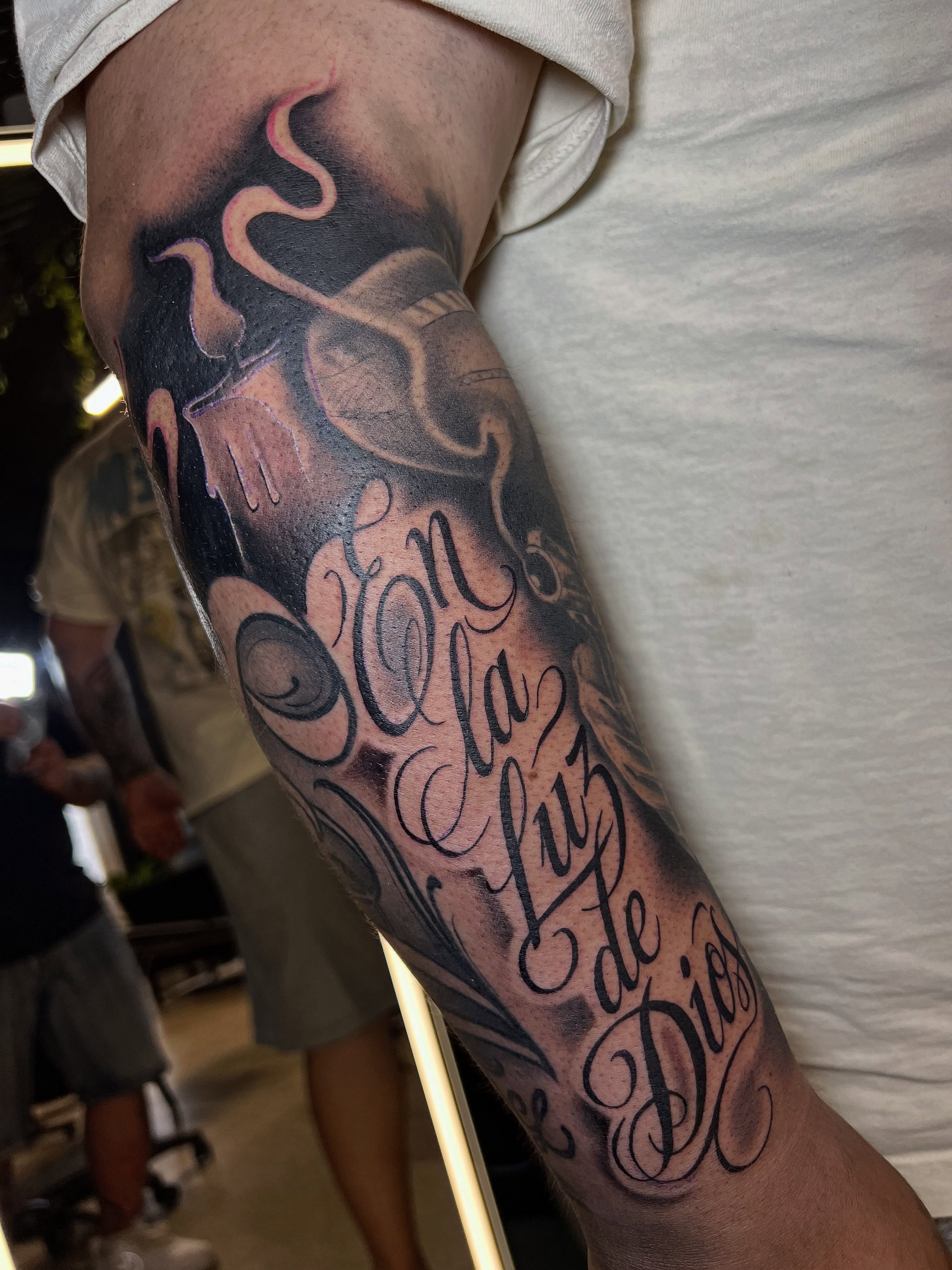 Script lettering lettering script tattoo on the forearm by Dallas tx tattoo artist ✝️
