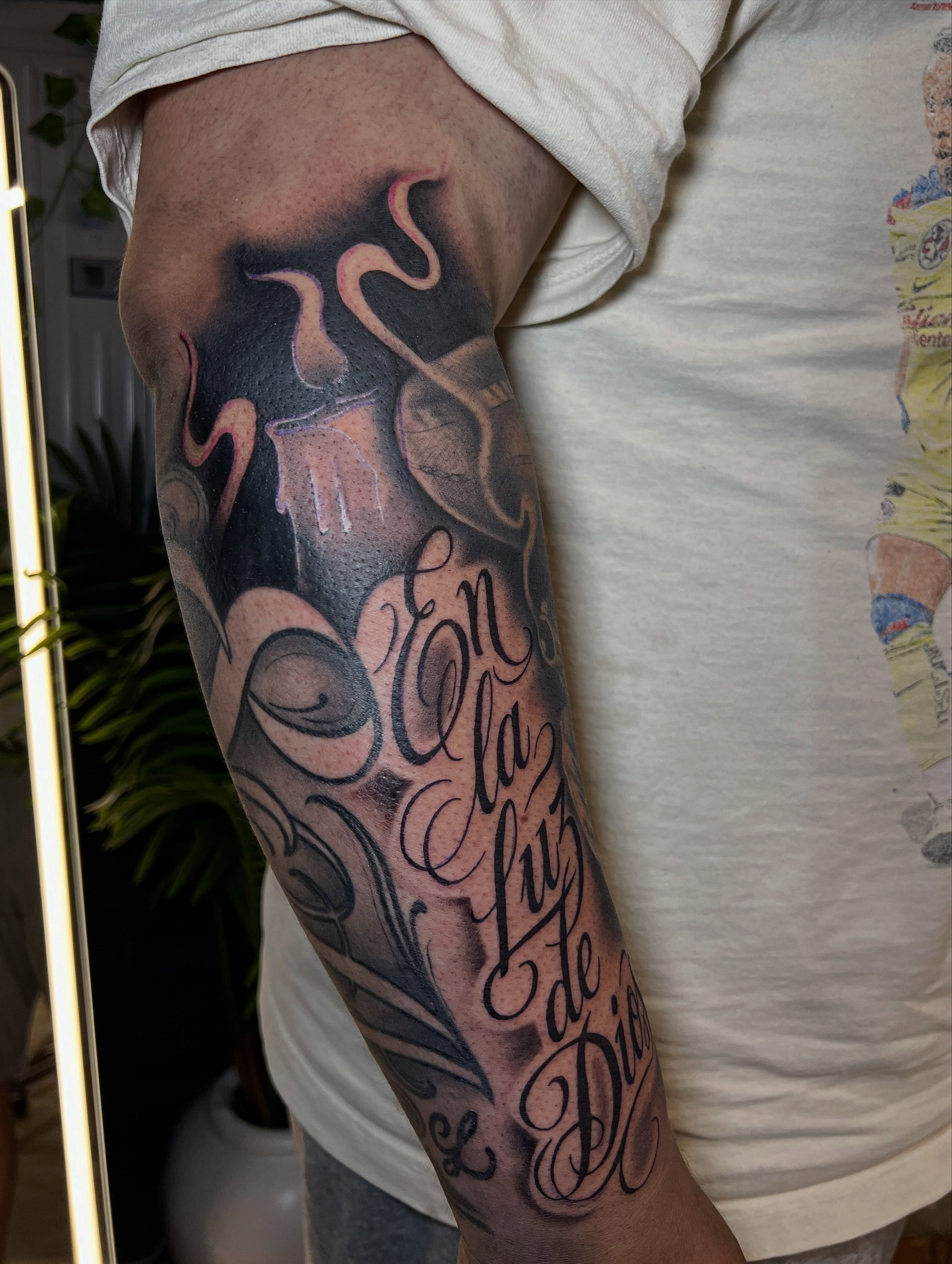 Script lettering lettering script tattoo on the forearm by Dallas tx tattoo artist ✝️