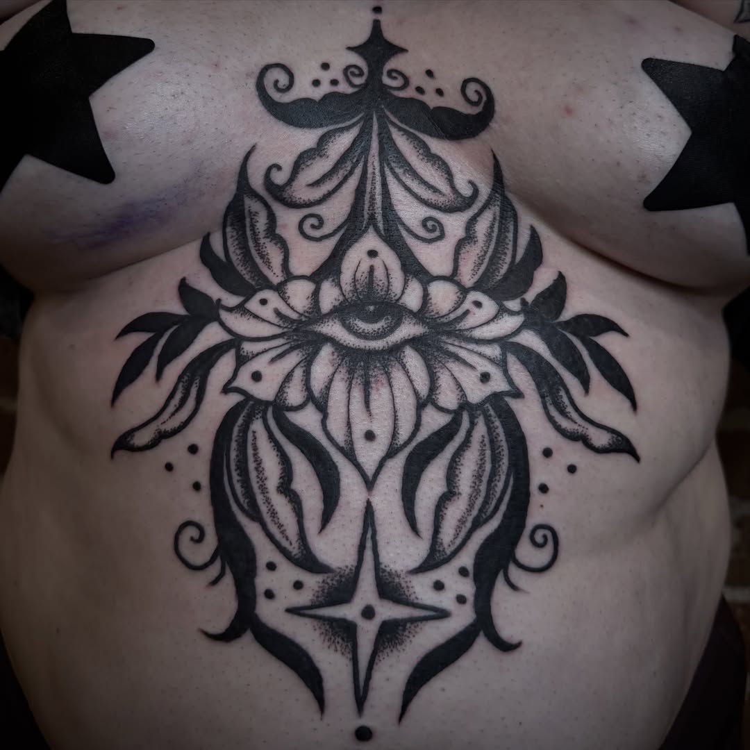 Lotus flower dotwork tattoo on the chest by 🩸 𝓢𝔂𝓵𝓿𝓲𝓮 🩸 ▪︎ 𝕯𝖊𝖓𝖛𝖊𝖗 𝕿𝖆𝖙𝖙𝖔𝖔𝖊𝖗 ▪︎