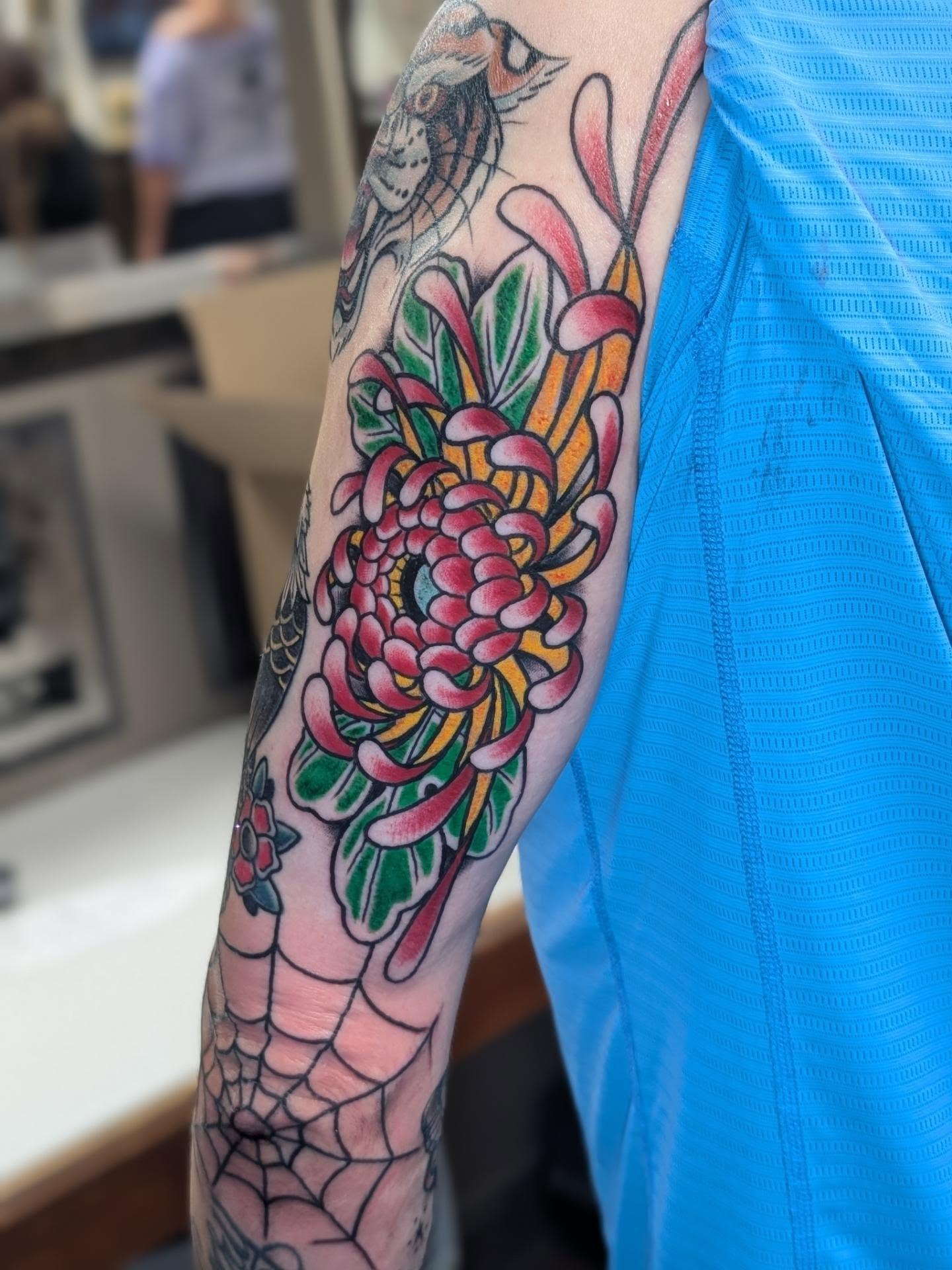 Chrysanthemum American traditional tattoo on the forearm by Will Alexander, Lombard, Illinois