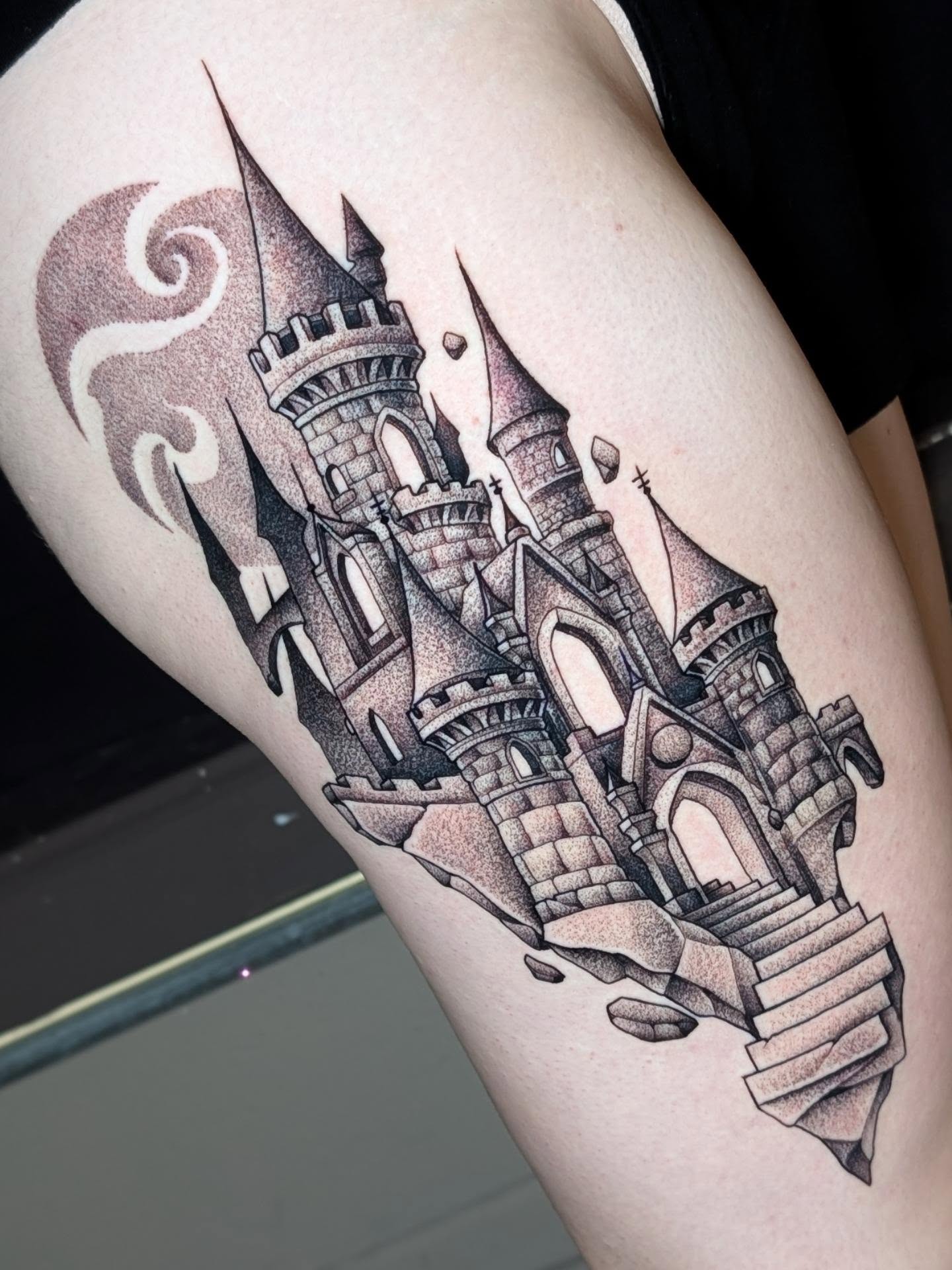 Castle dotwork tattoo on the thigh by Will Alexander, Lombard, Illinois