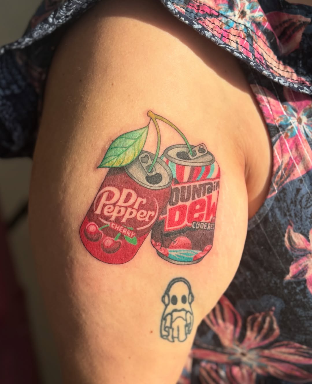 Dr pepper and mountain dew cans realism tattoo on the shoulder by Leti
