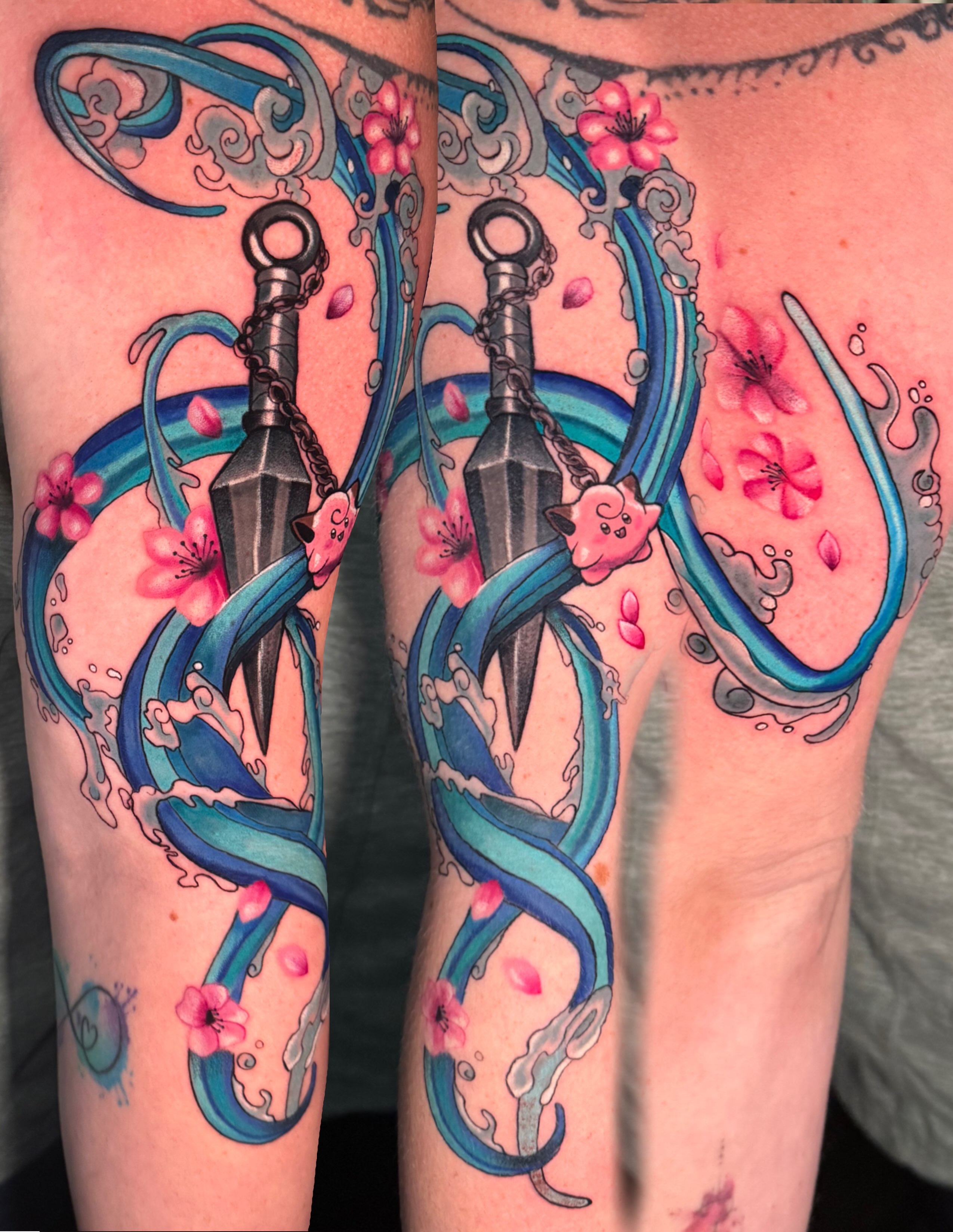 Katana and cherry blossoms new school tattoo on the forearm by Jennifer Kovach, Gastonia, North Carolina