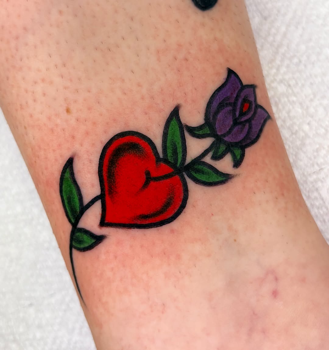 Heart and rose American traditional tattoo on the forearm by ✨ Gabi ✨