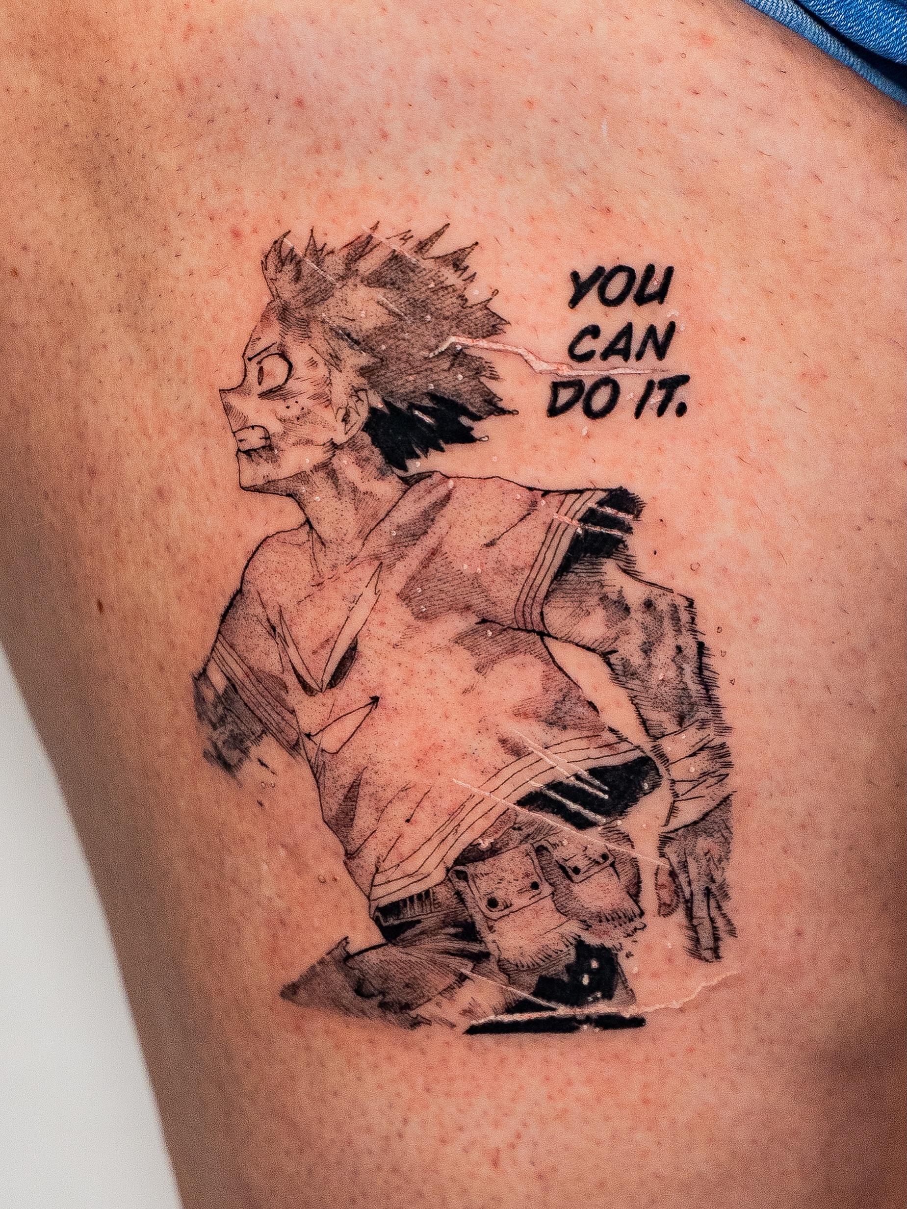 Encouragement black and grey tattoo on the thigh by Kalin, Seattle, Washington
