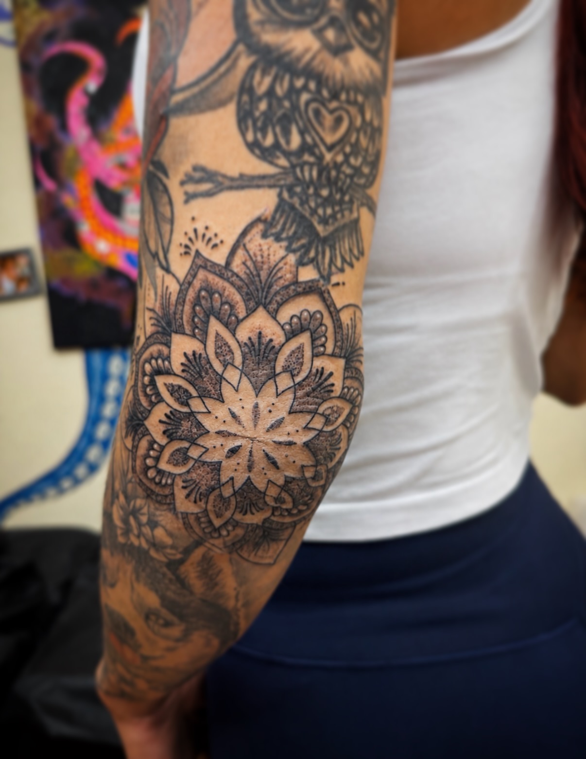 Lotus flower dotwork tattoo on the forearm by Kraken ink Tattoo, San Francisco, California