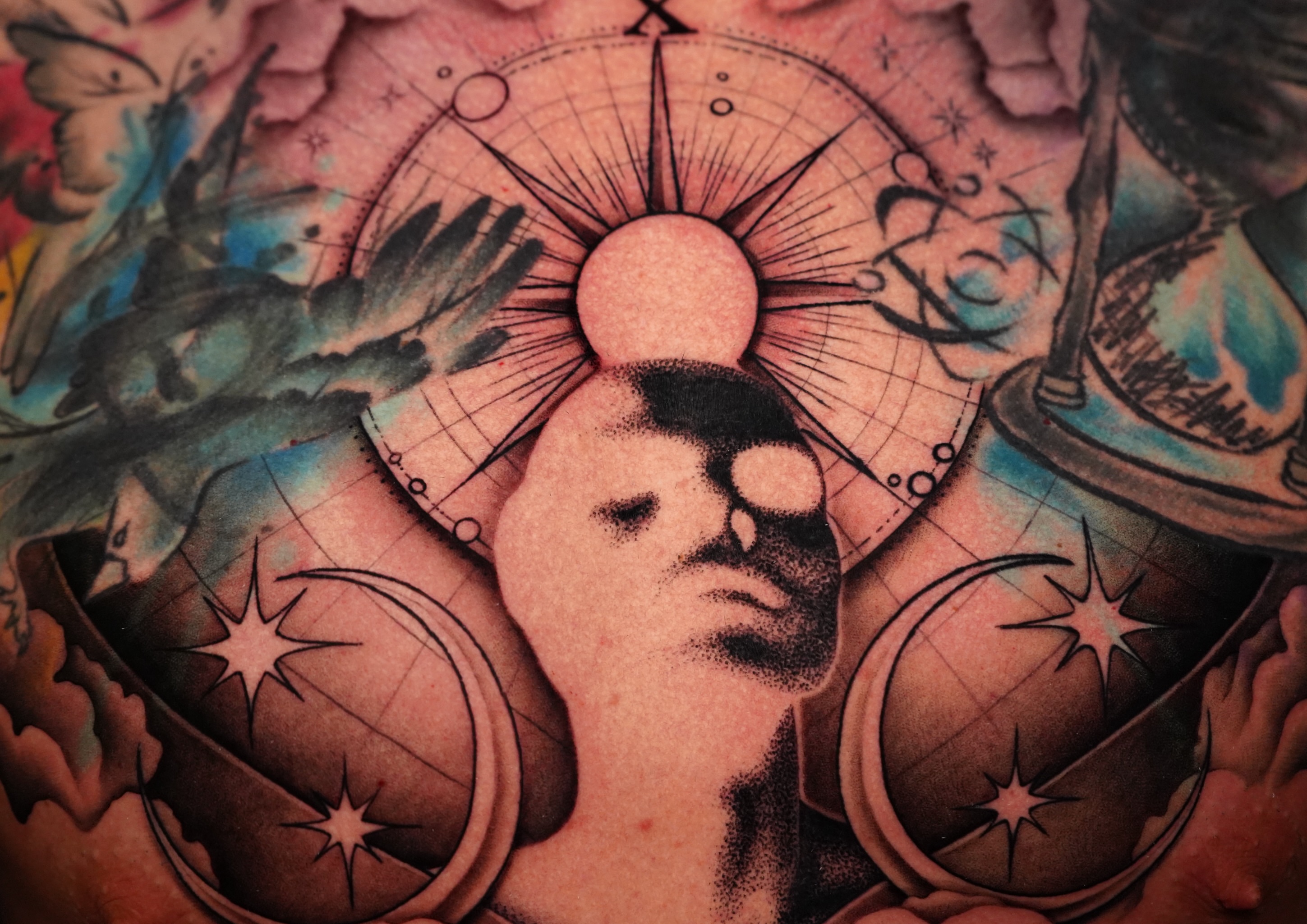 Astronomy dotwork tattoo on the shoulder by Haley Corinne